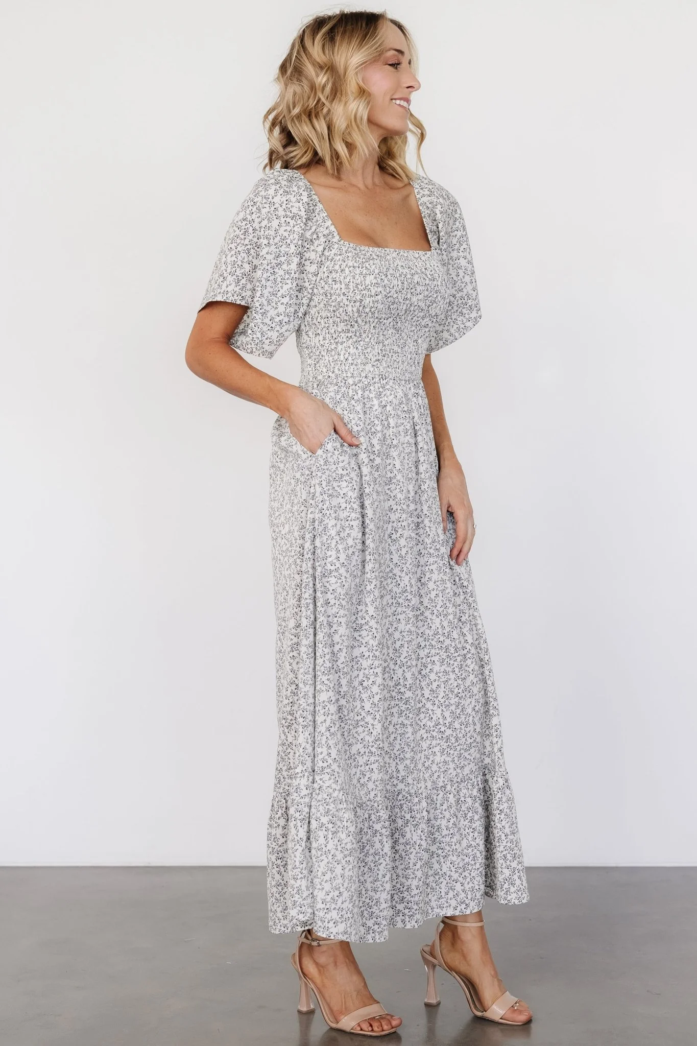 Cassis Smocked Midi Dress | Ivory + Black Floral