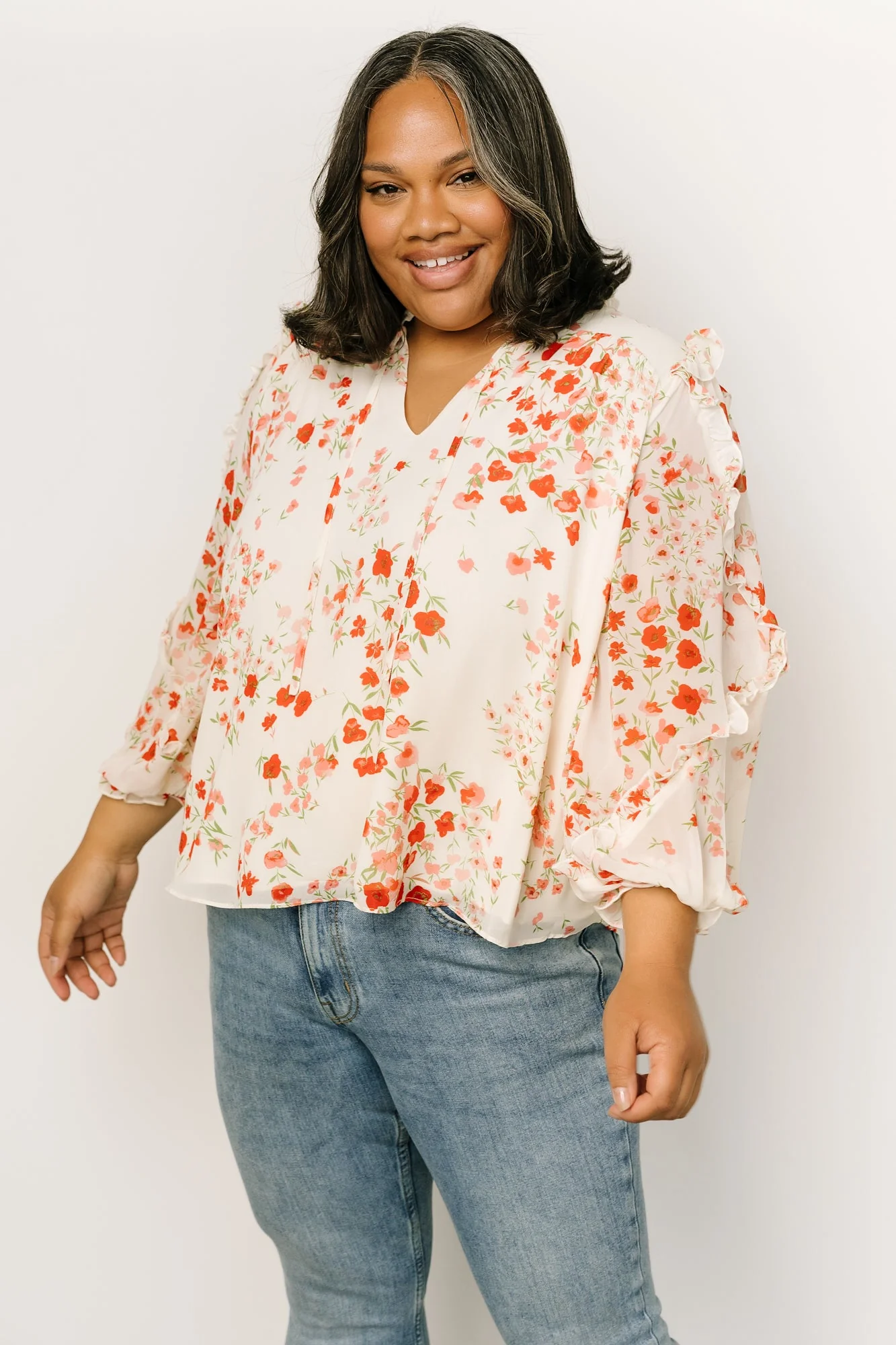 Karlie Long Sleeve Ruffle Top | Ivory + Red Multi