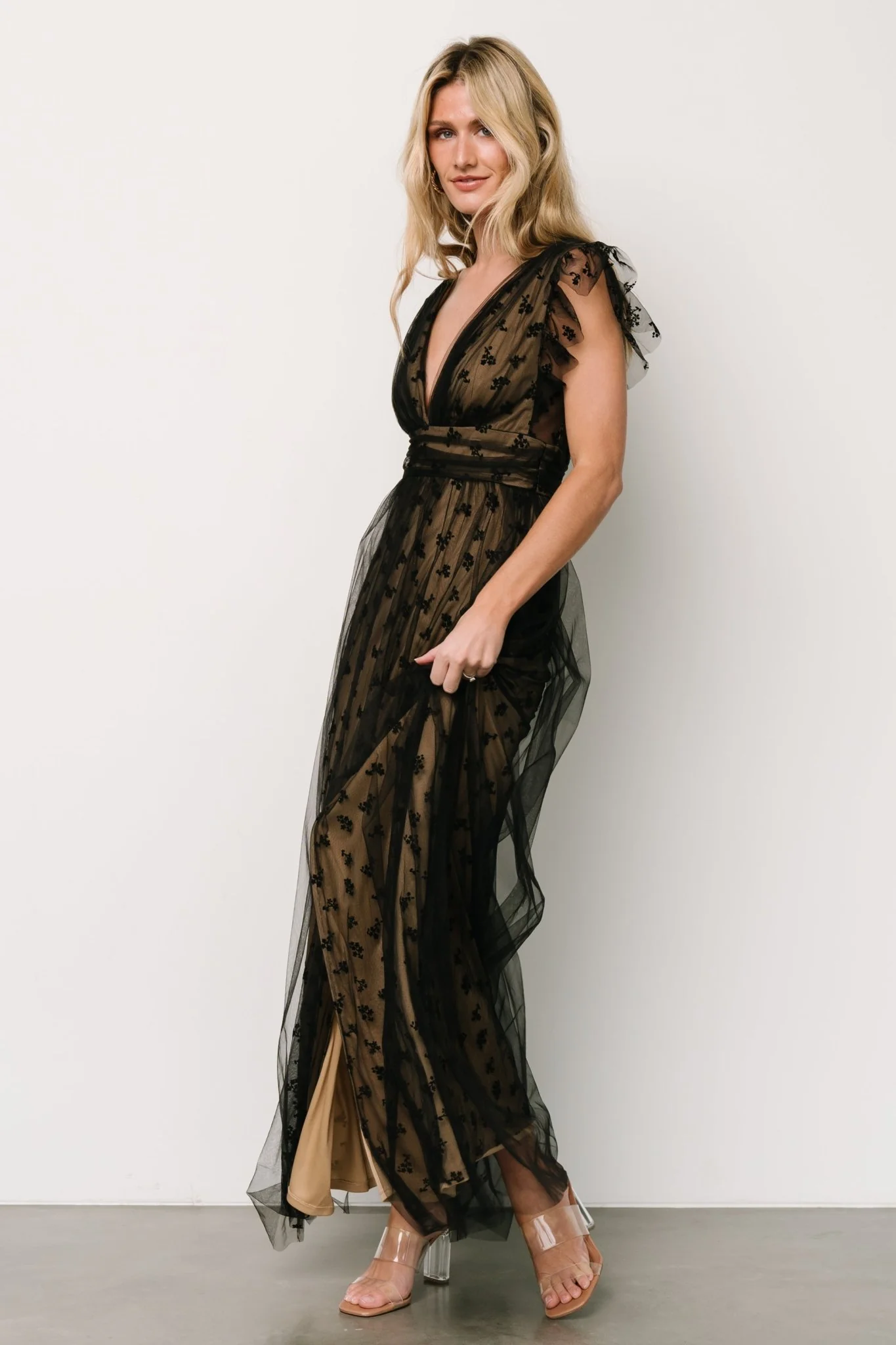 Caterina Tulle Maxi Dress | Black + Nude