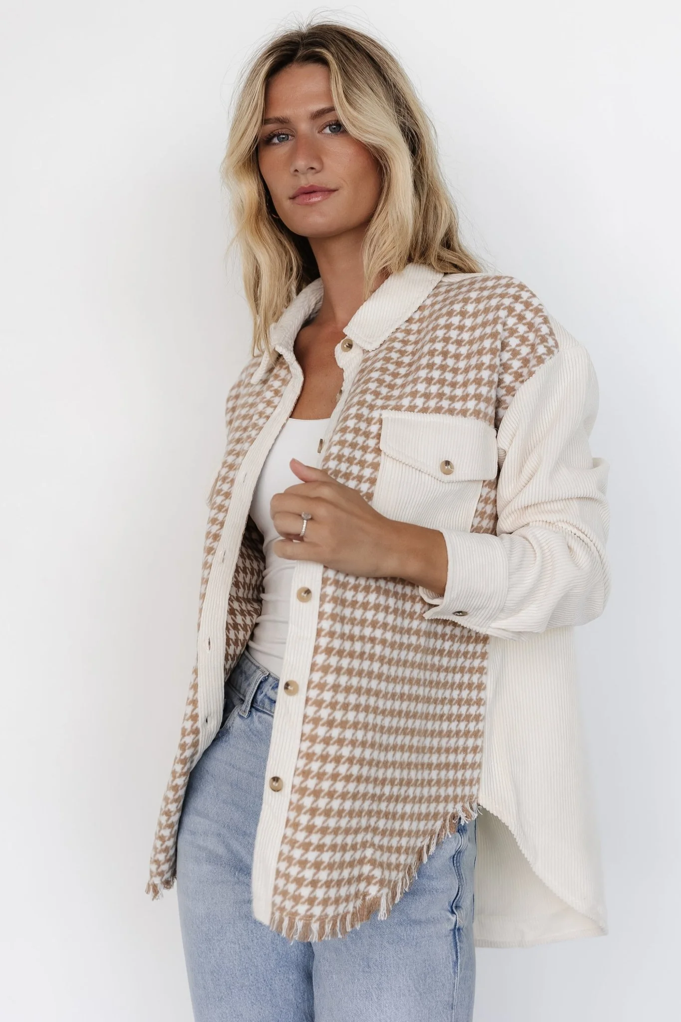 Montreal Houndstooth Shacket | Taupe + Ivory