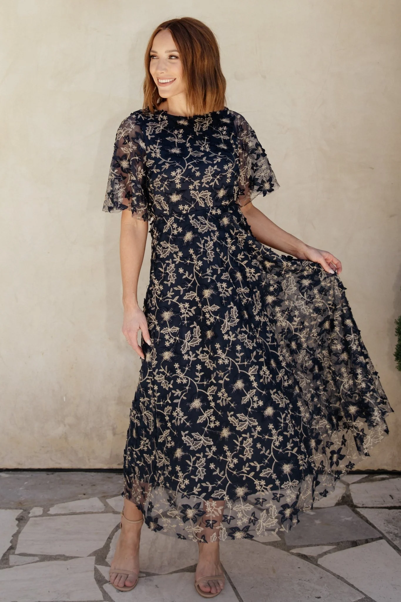 Arabella Embroidered Tulle Maxi Dress | Navy + Gold