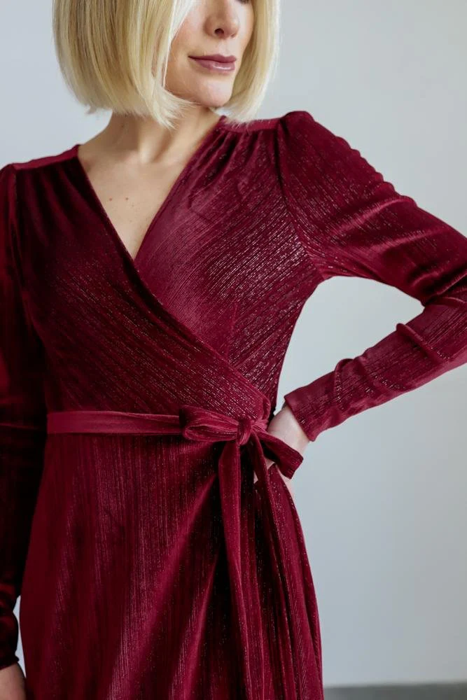 Serena Shimmer Velvet Wrap Dress | Merlot