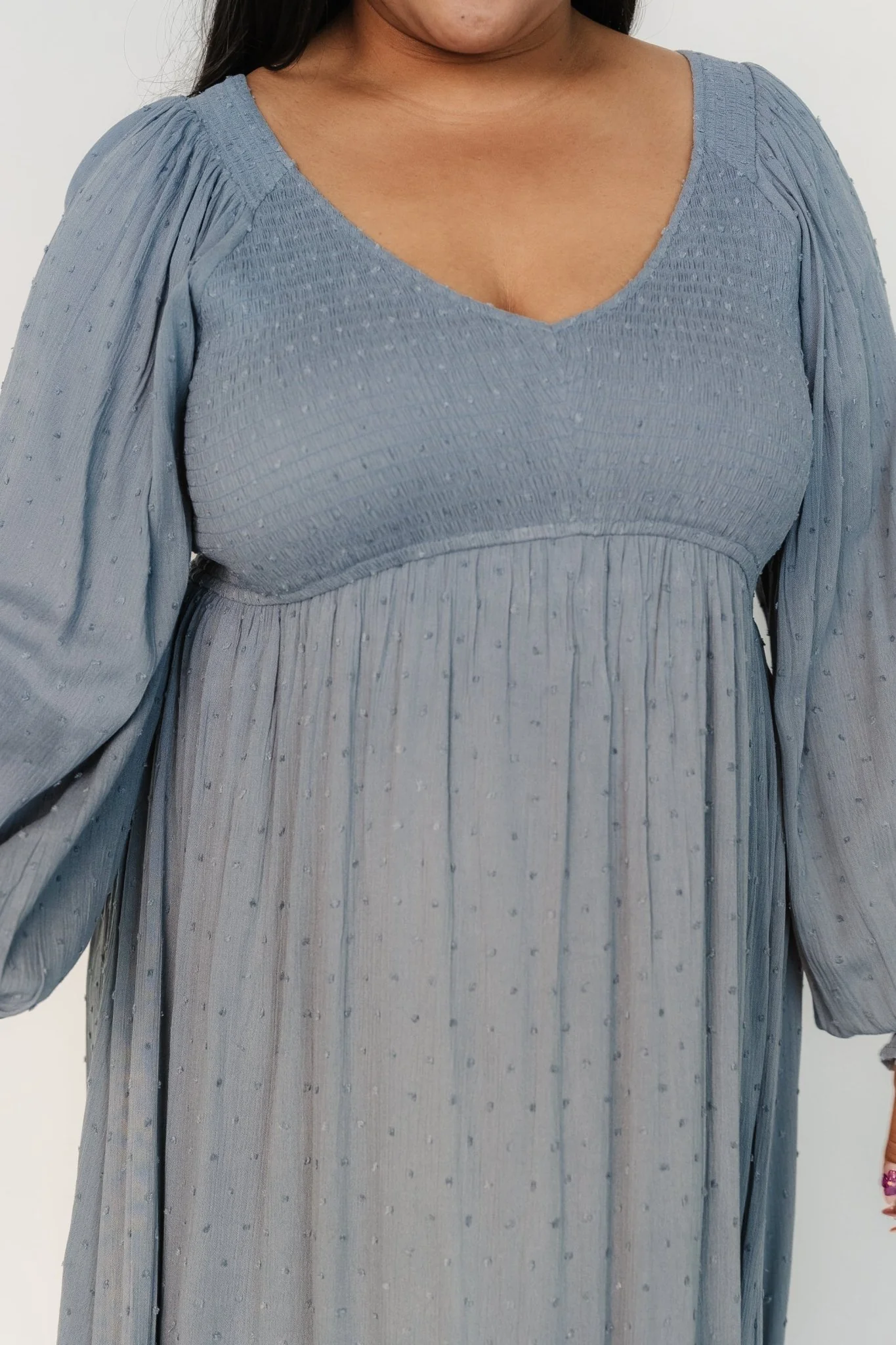 Lainey Smocked Dotted Midi Dress | Dusty Blue