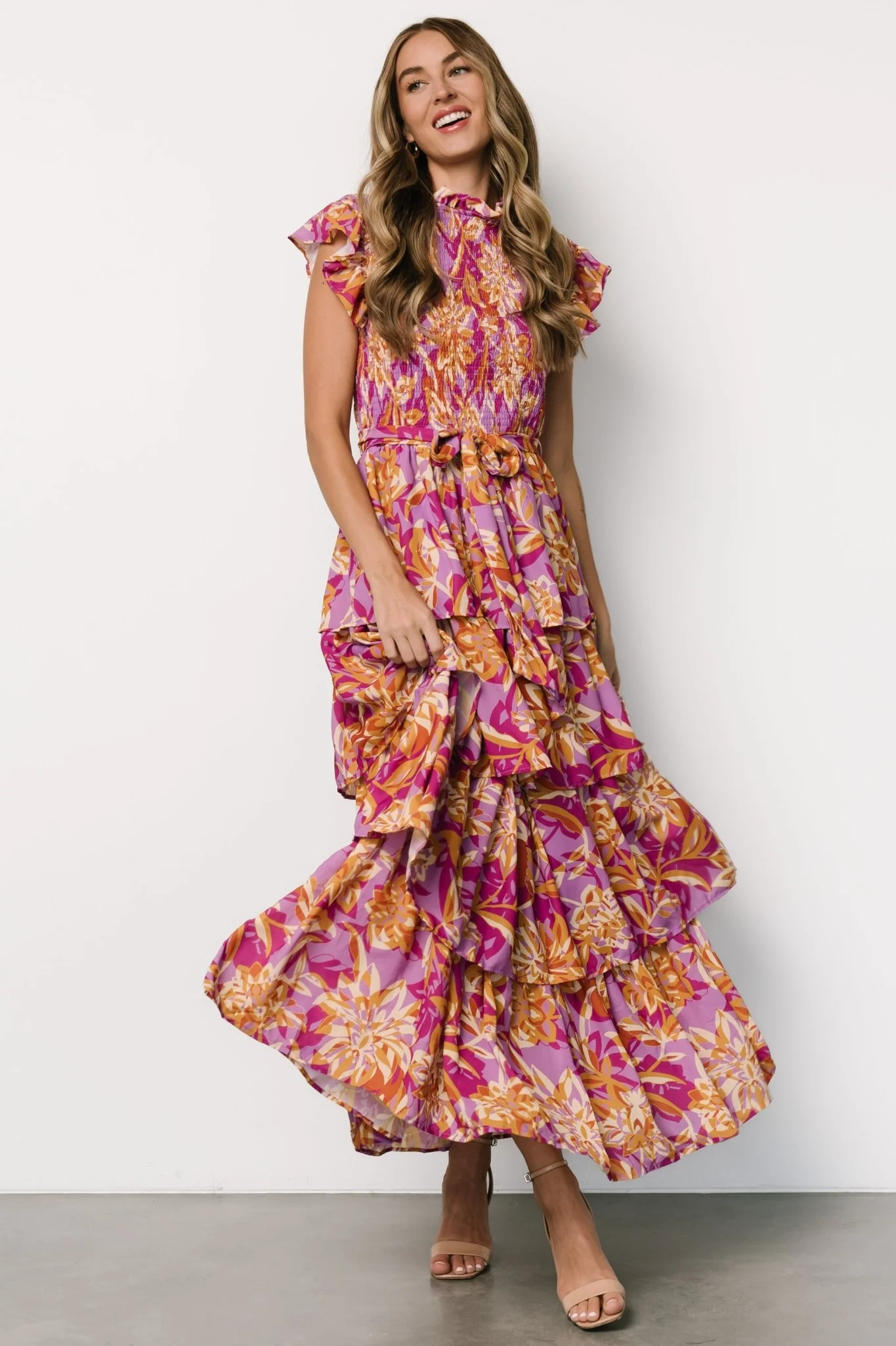 Mya Smocked Maxi Dress | Orchid + Gold Print