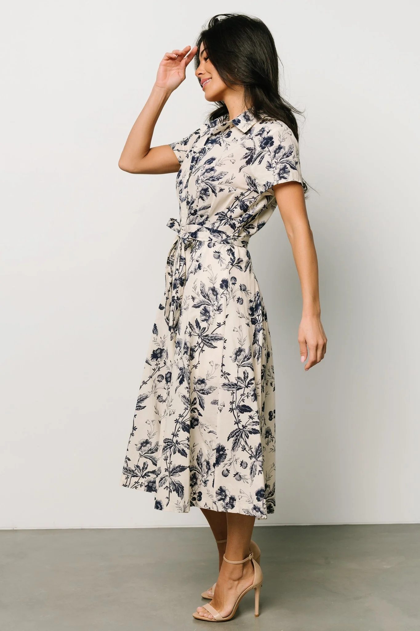 Lorna Midi Dress | Beige + Navy Print