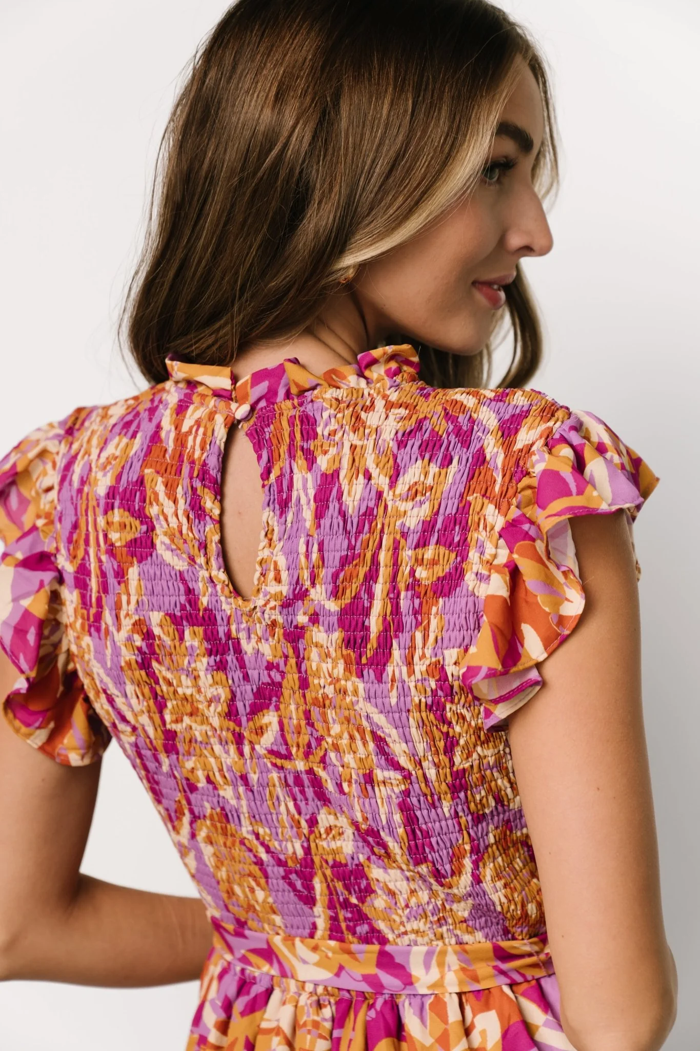 Mya Smocked Maxi Dress | Orchid + Gold Print