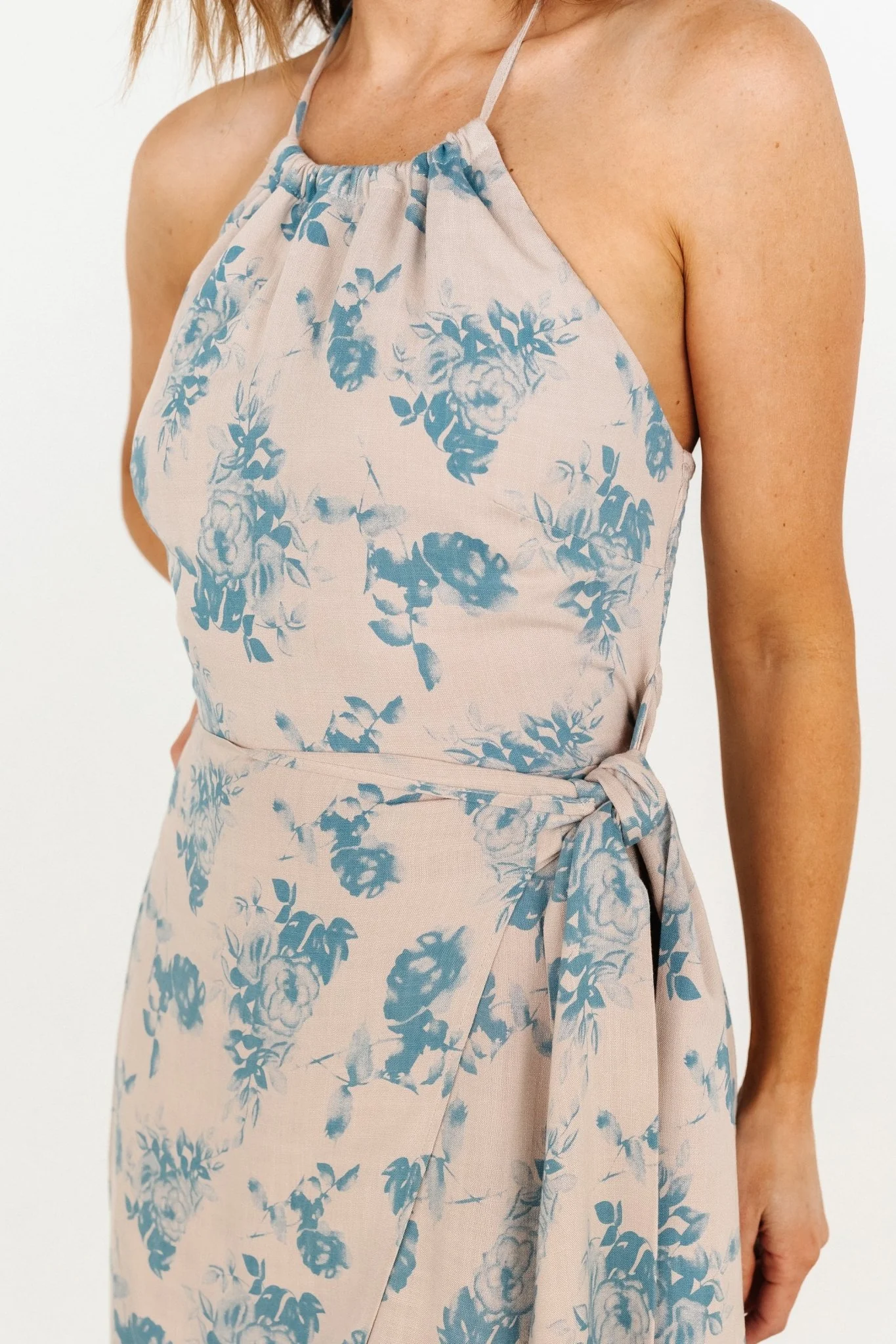 Nicole Faux Wrap Midi Dress | Natural + Blue