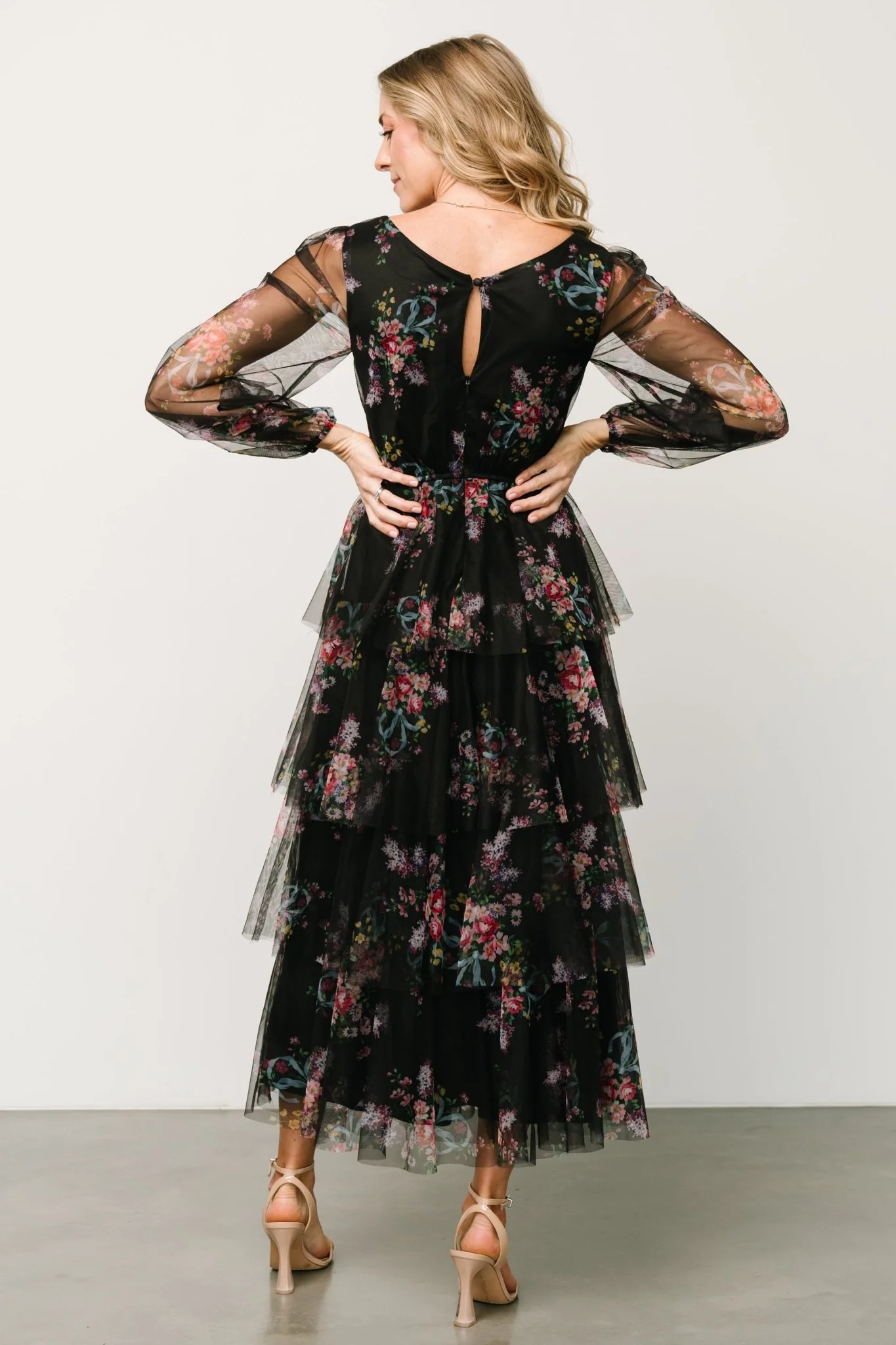 Carolina Tulle Tiered Maxi Dress | Black Floral