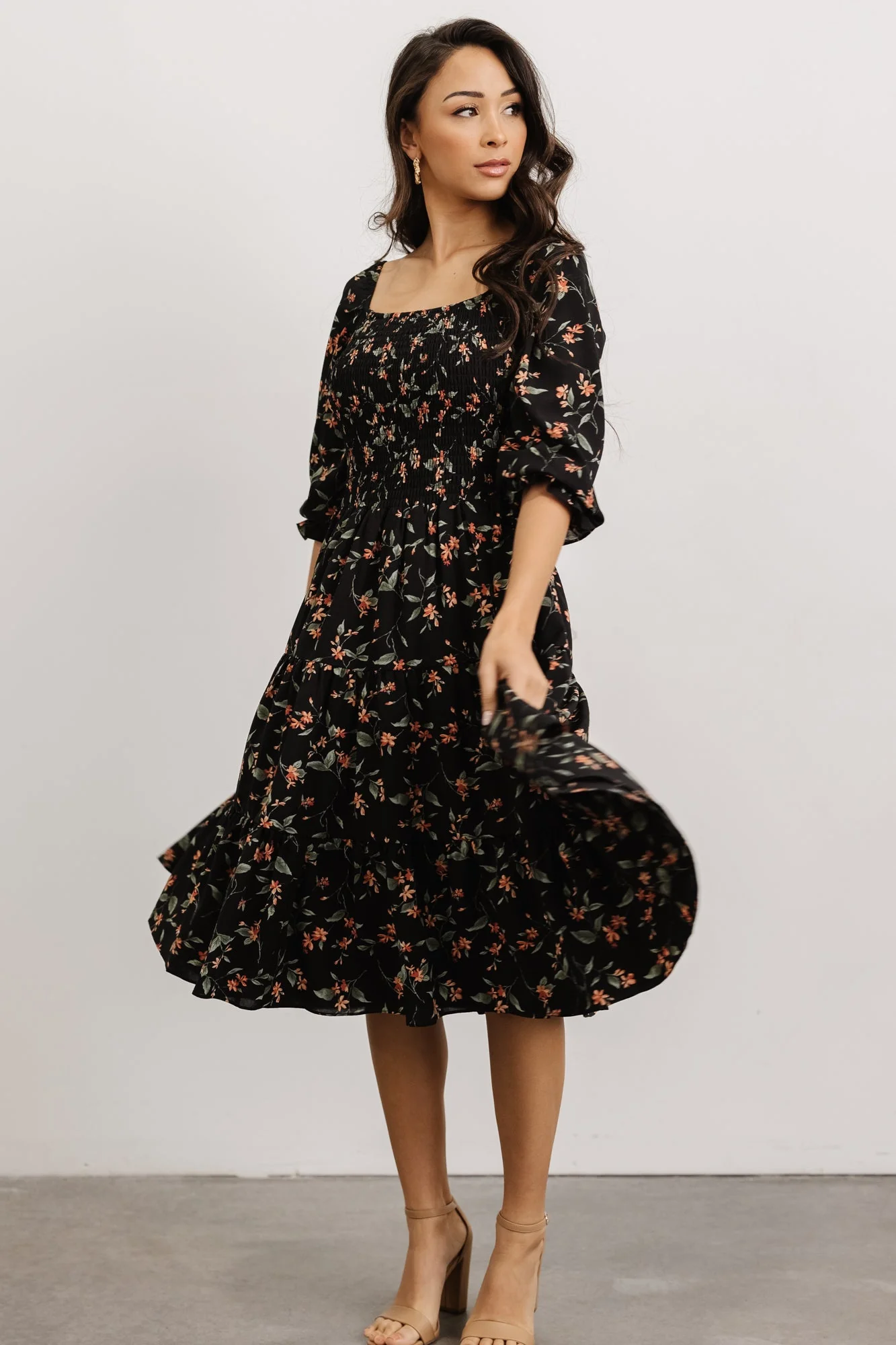 Marta Smocked Midi Dress | Black Floral