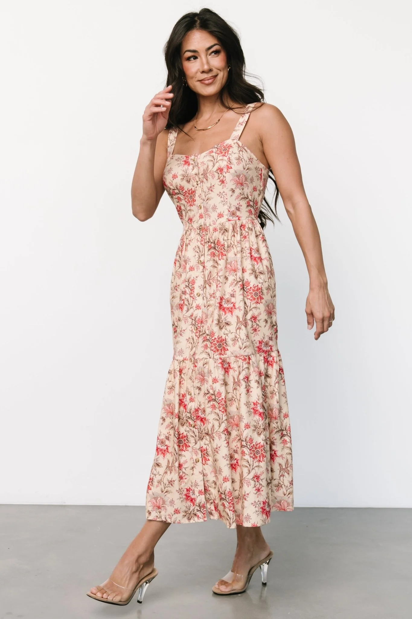 Jules Button Midi Dress | Cream + Pink