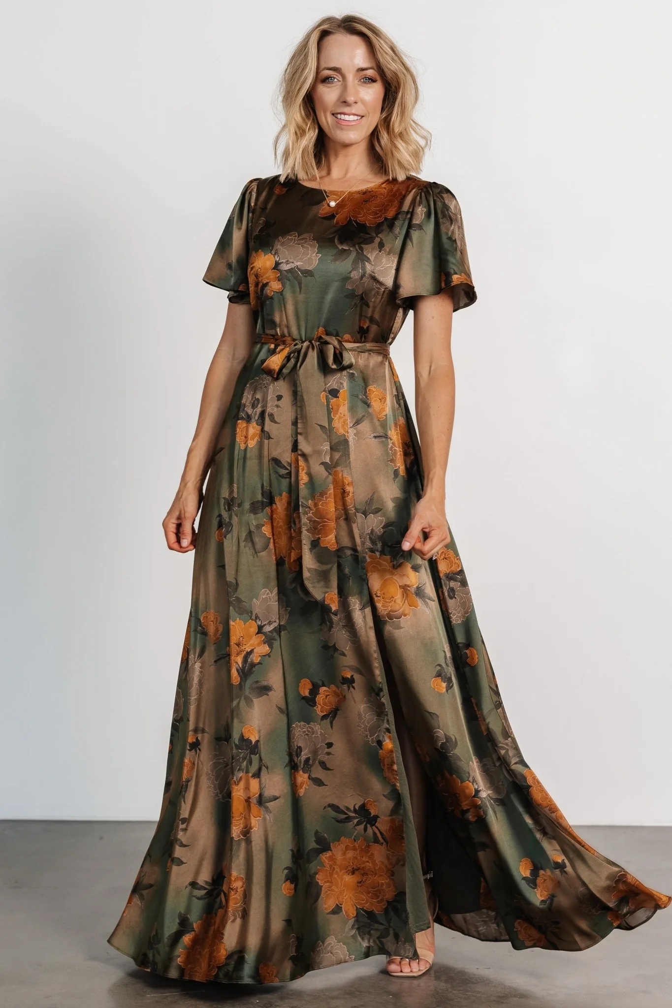 Agnes Satin Maxi Dress | Olive Floral