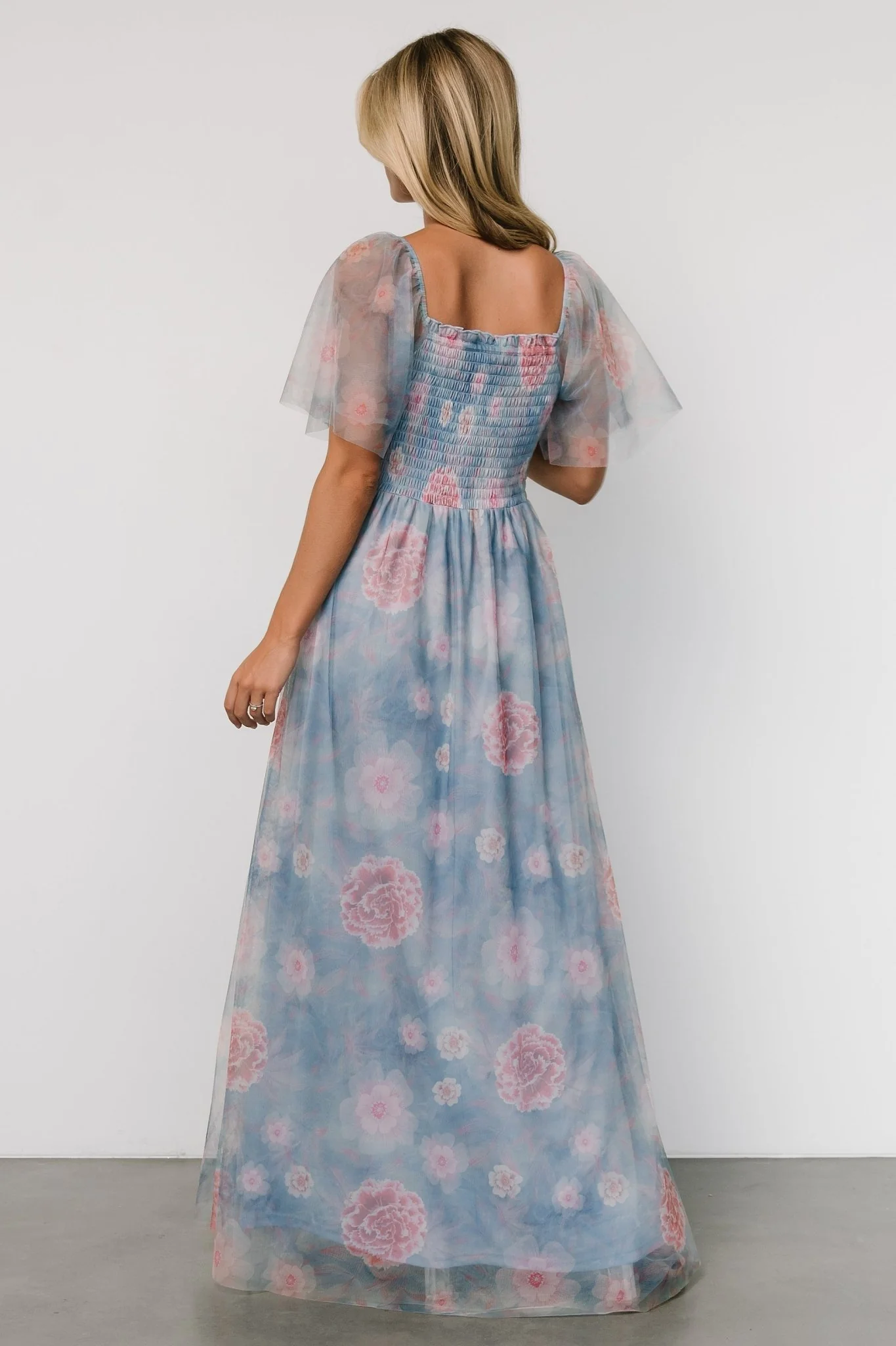 Cassandra Tulle Maxi Dress | Light Blue + Pink Floral