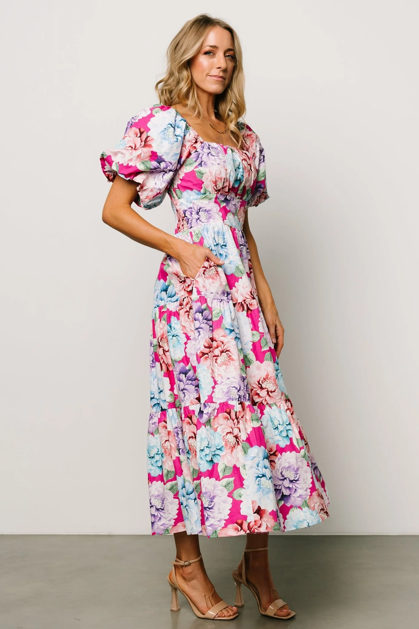 Iva Puff Sleeve Midi Dress | Fuchsia Multi Floral