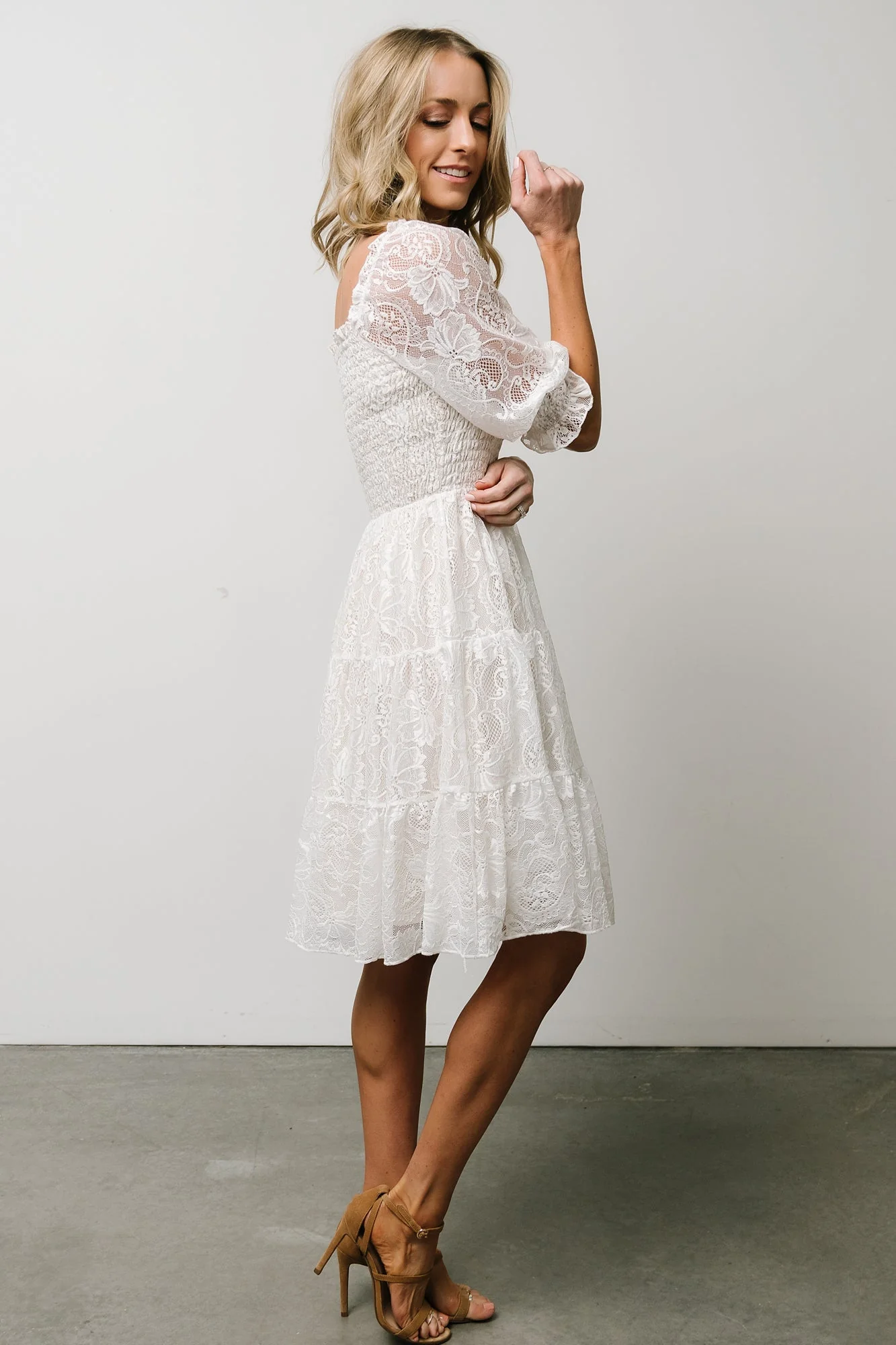 Tate Smocked Lace Short Dress | Off White