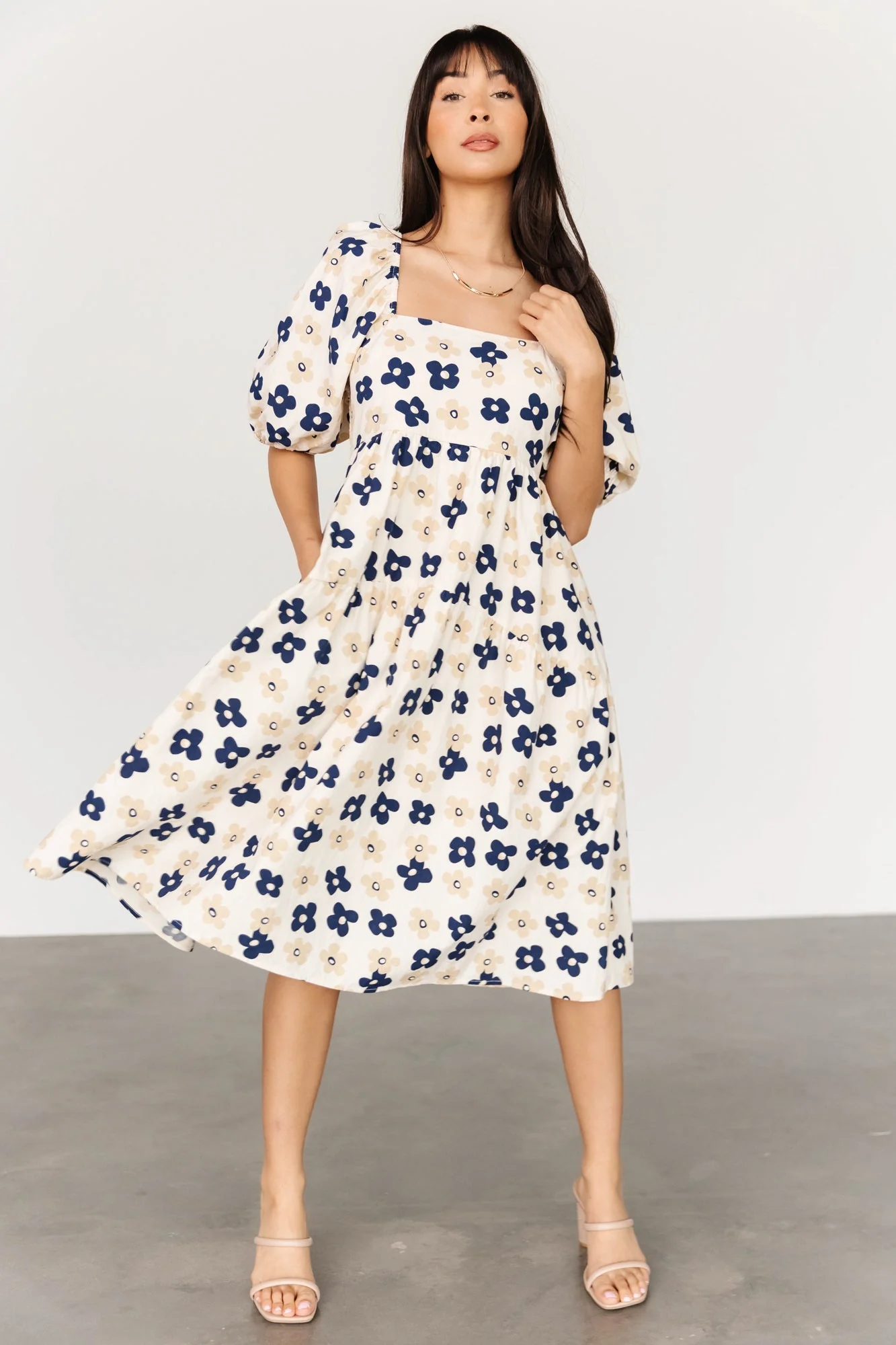 Aimee Puff Sleeve Midi Dress | Natural + Navy