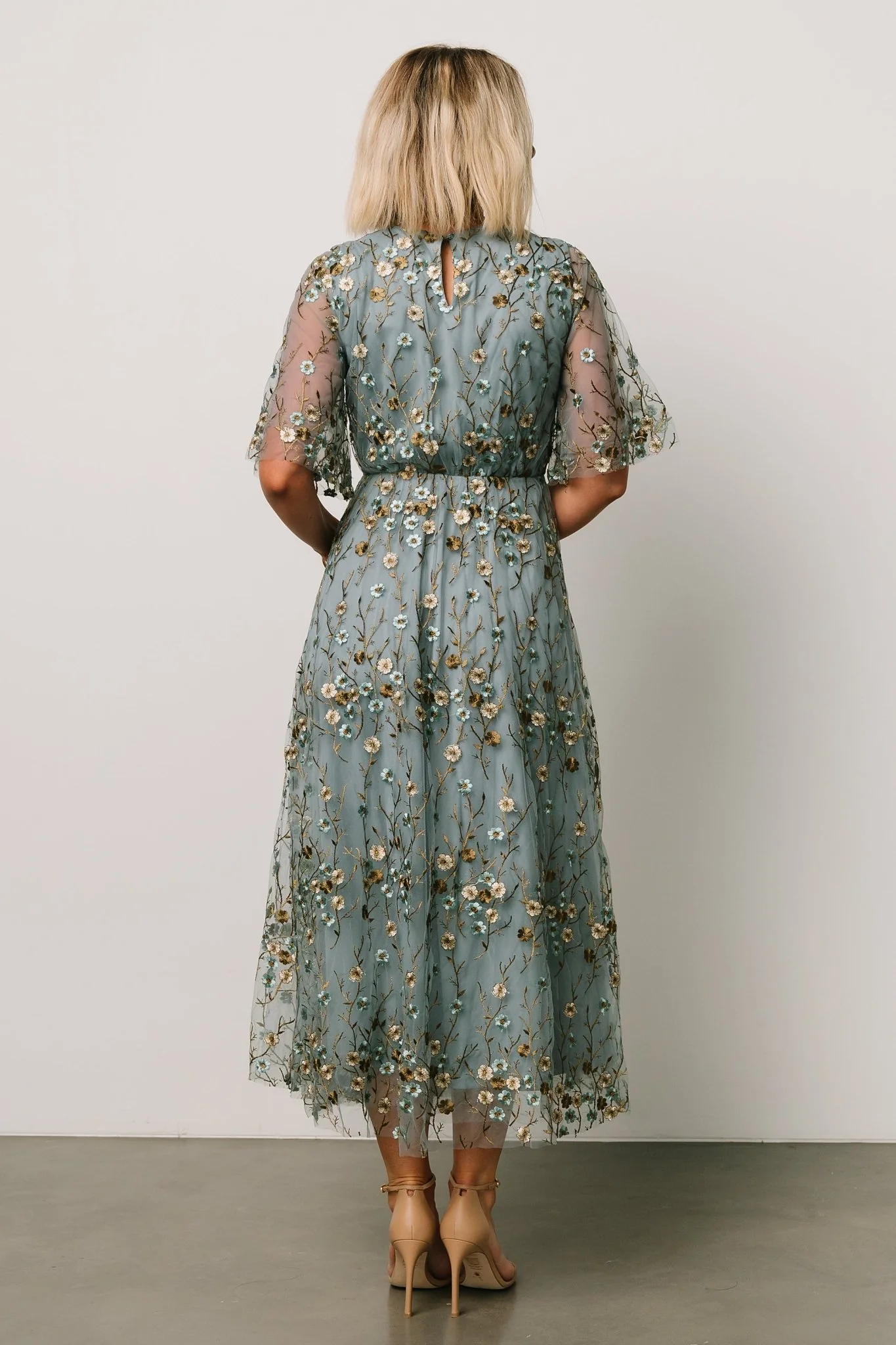 Arabella Embroidered Tulle Maxi Dress | Dusty Blue Floral