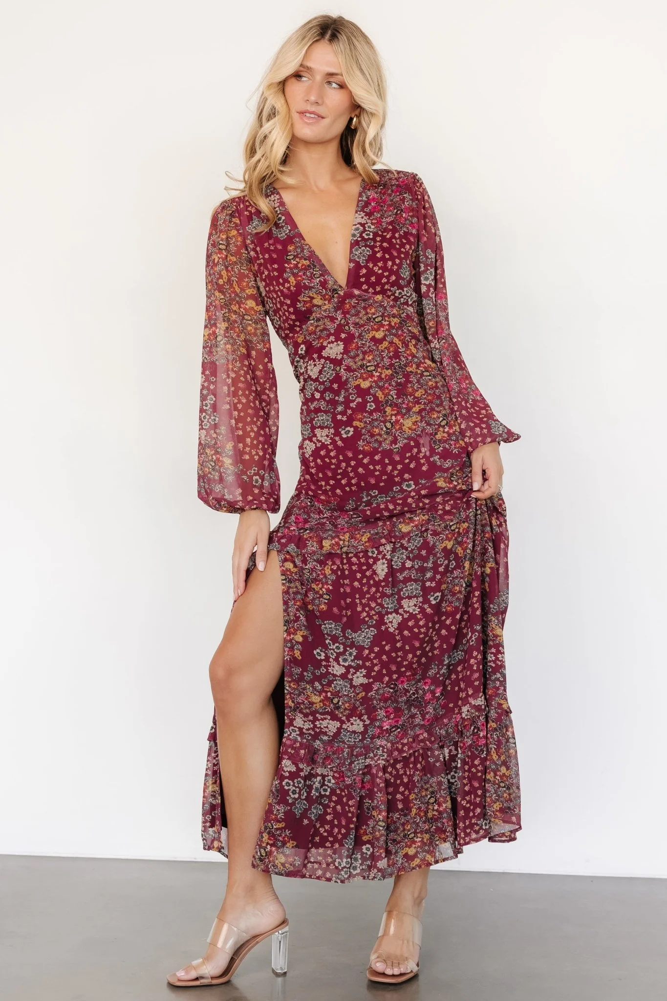Bowman Deep V Maxi Dress | Burgundy Multi
