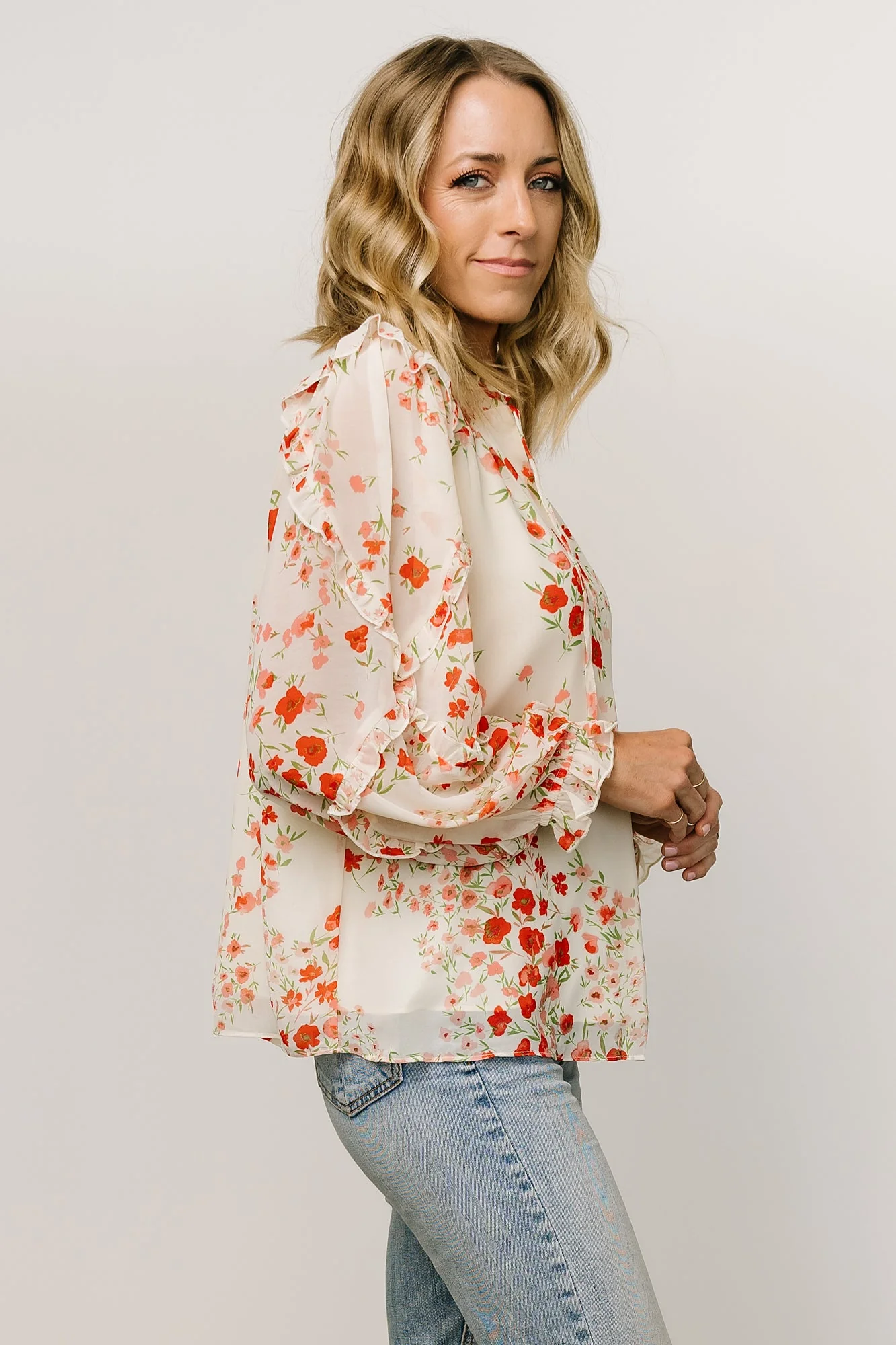 Karlie Long Sleeve Ruffle Top | Ivory + Red Multi
