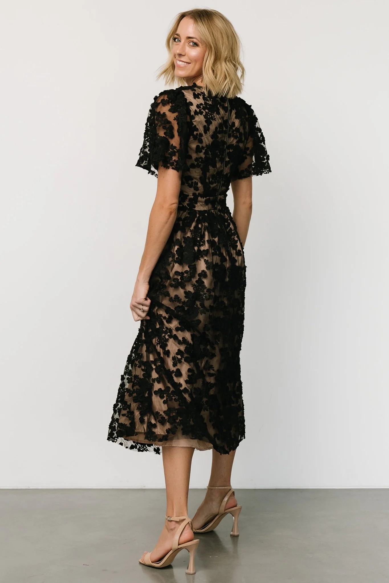 Sadie Embroidered Midi Dress | Black + Nude