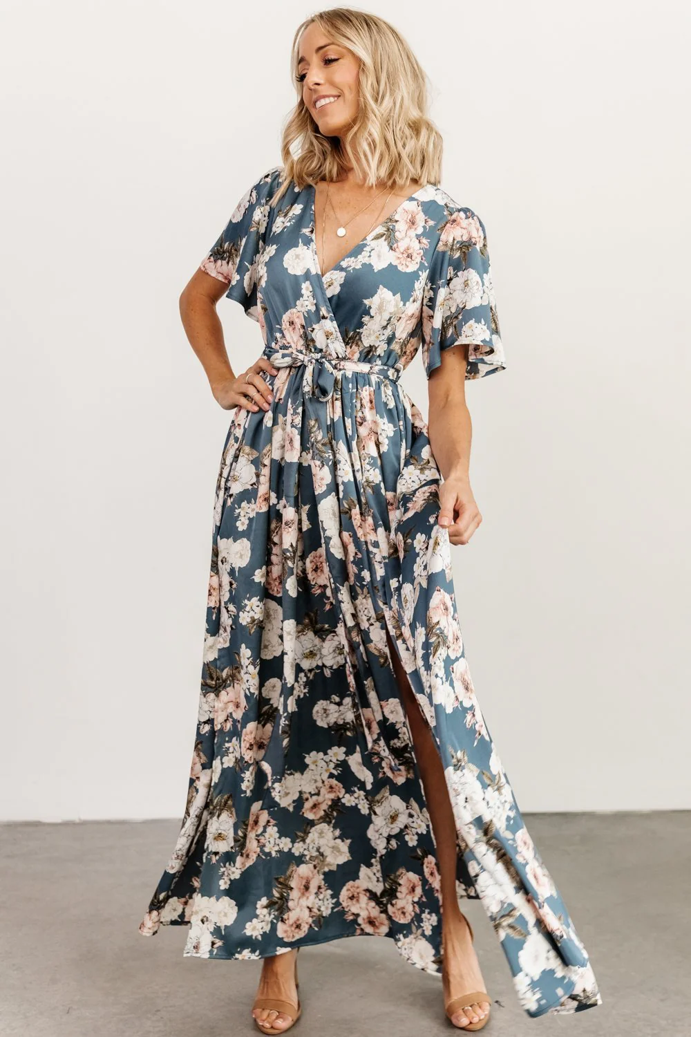 Sicily Satin Maxi Dress | Blue Floral