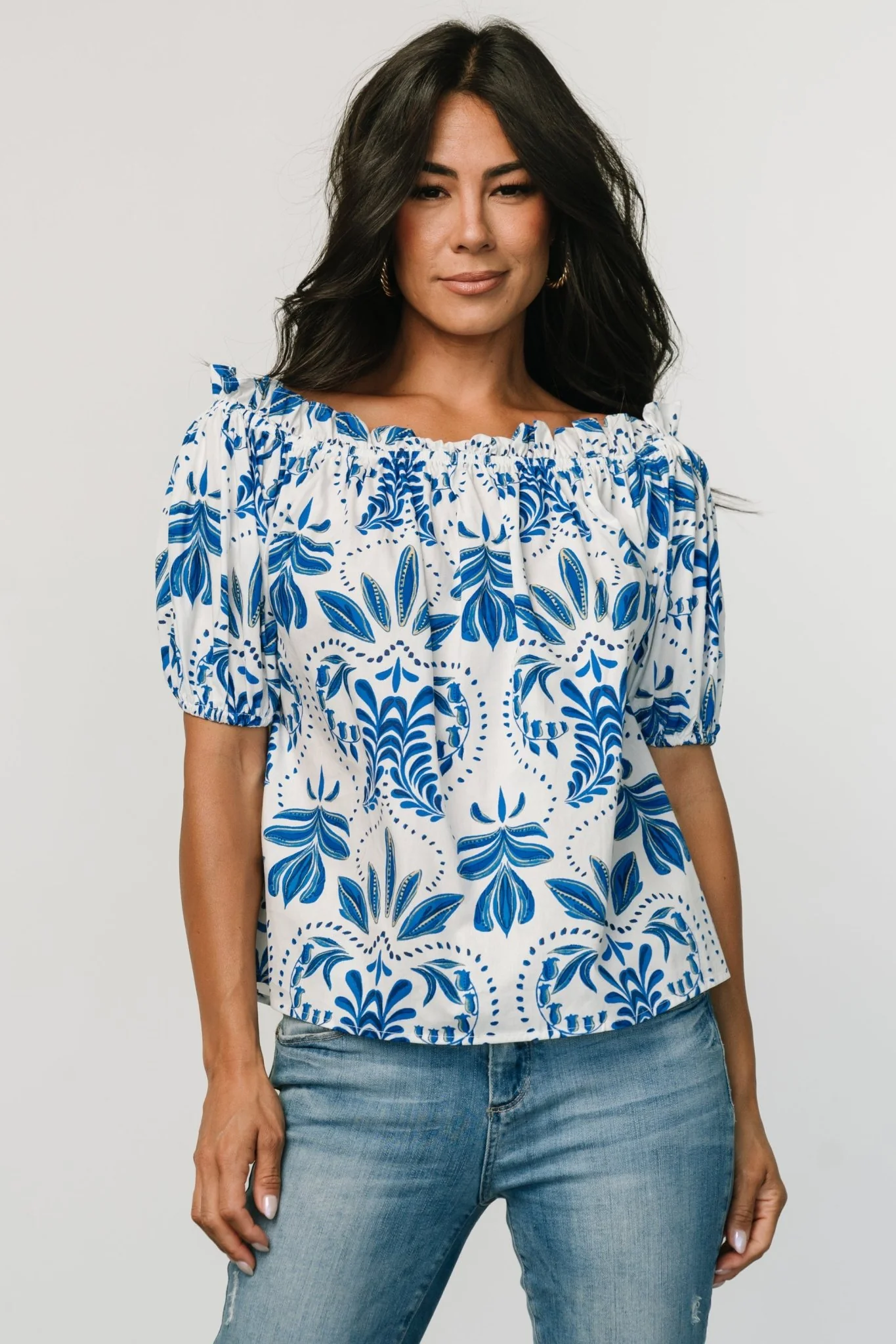 Santorini Off Shoulder Top | White + Blue