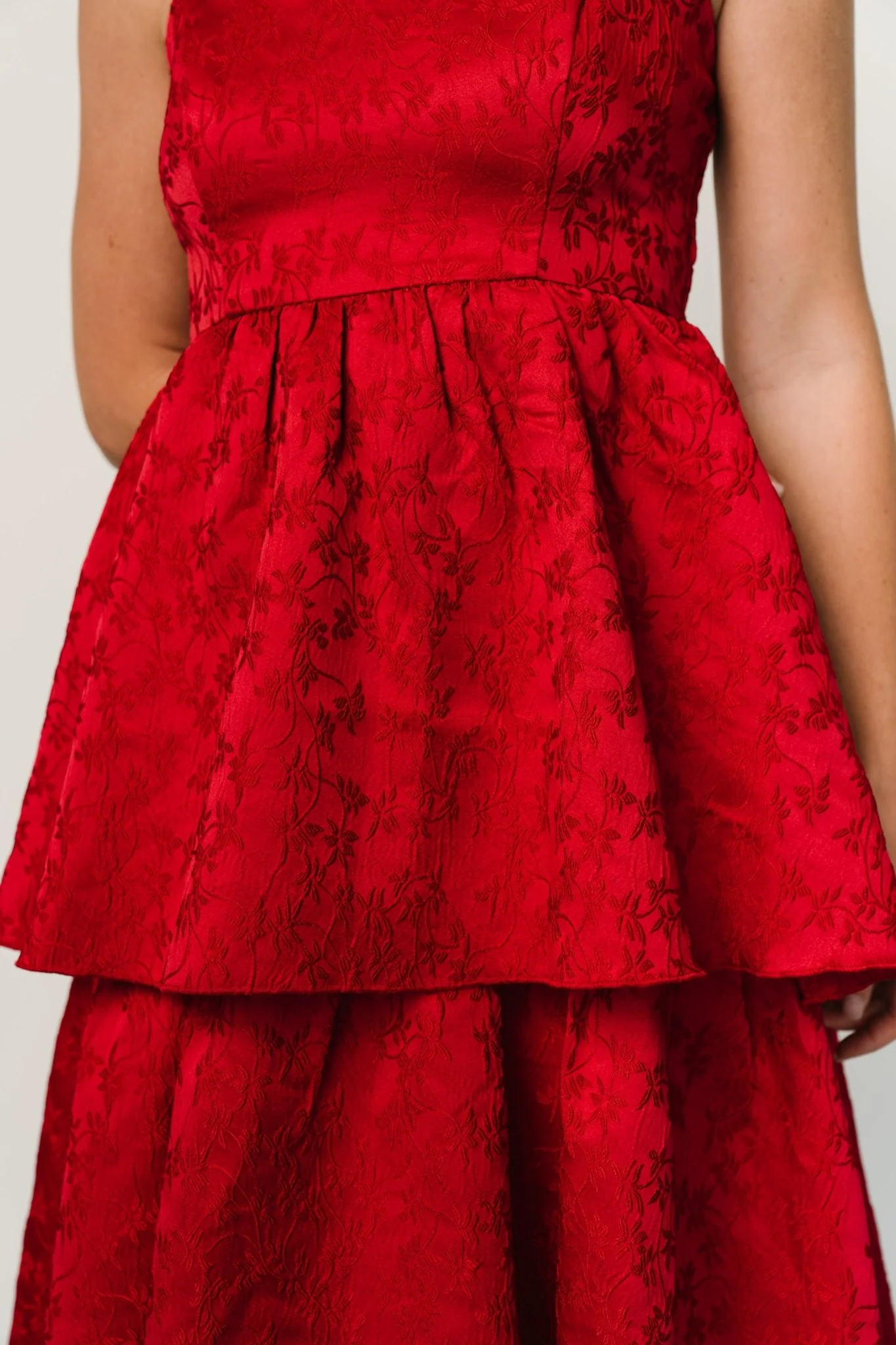 Violetta Embossed Tiered Dress | Deep Red