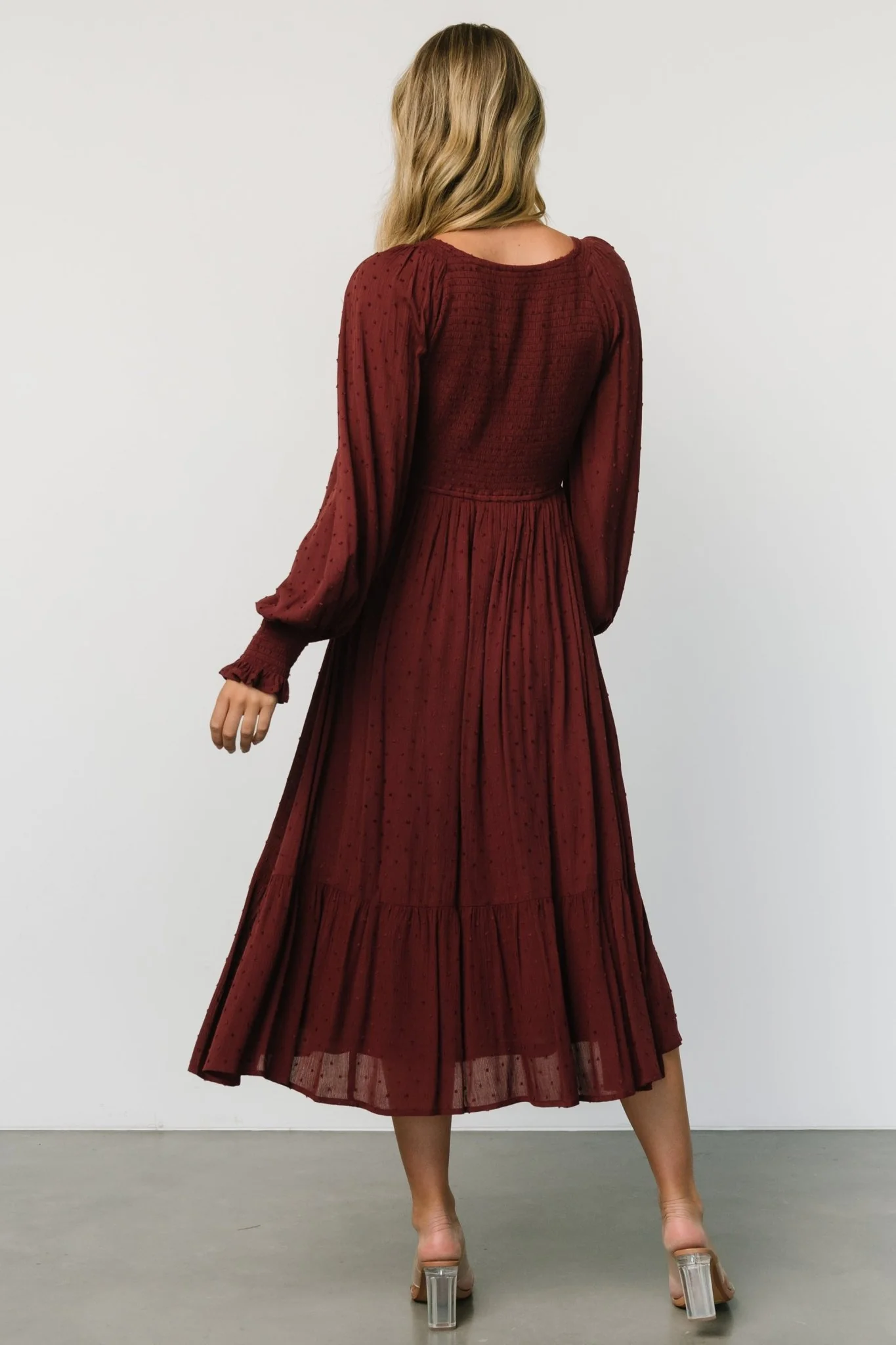 Lainey Smocked Dotted Midi Dress | Mulberry