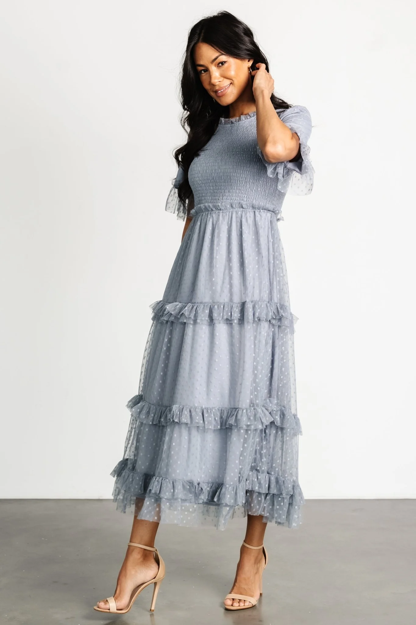 Lysandra Smocked Dot Dress | Dusty Slate