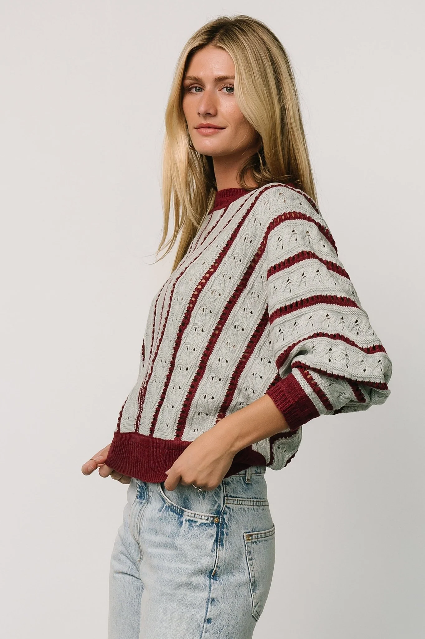 Paola Pointelle Sweater | Light Blue + Burgundy