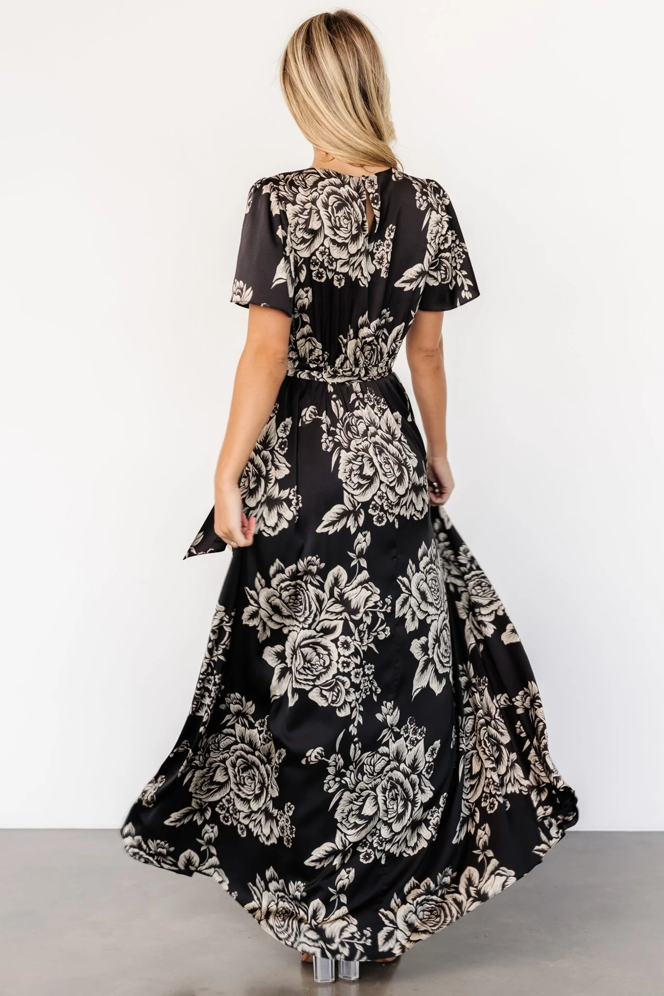 Agnes Satin Maxi Dress | Black + Cream Floral