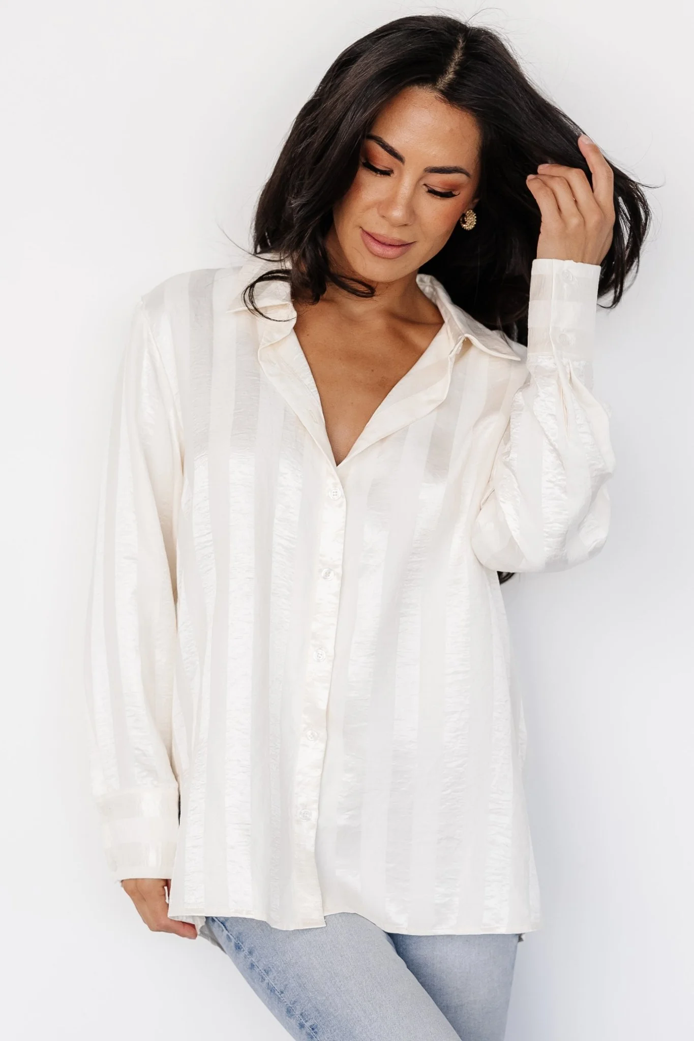 Kieran Striped Button Up Top | Cream