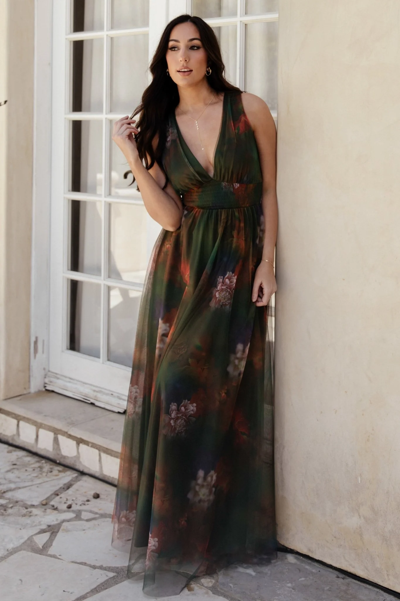 Kamila Tulle Maxi Dress | Olive Multi Floral