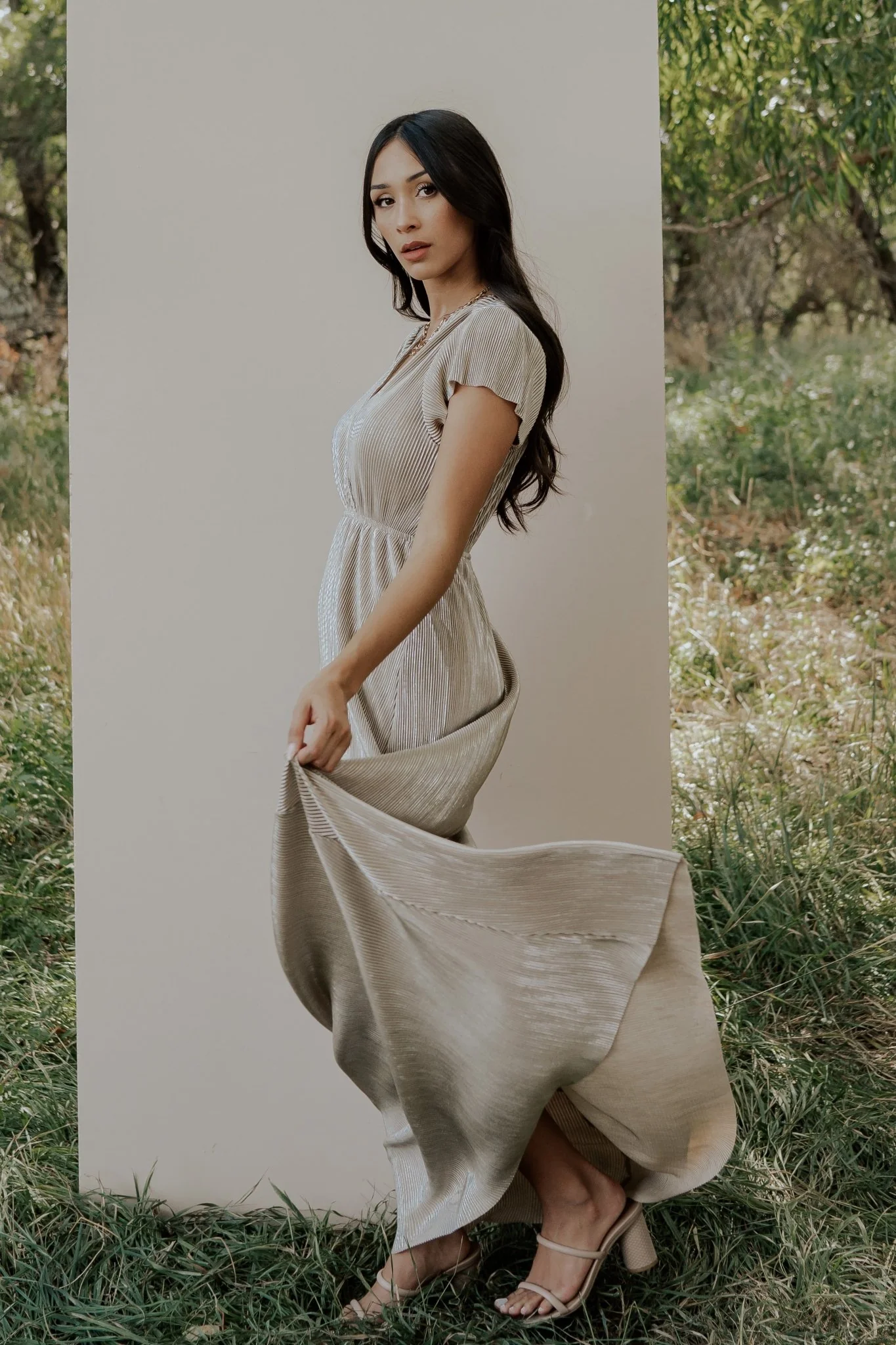 Athena Pleated Maxi Dress | Gold