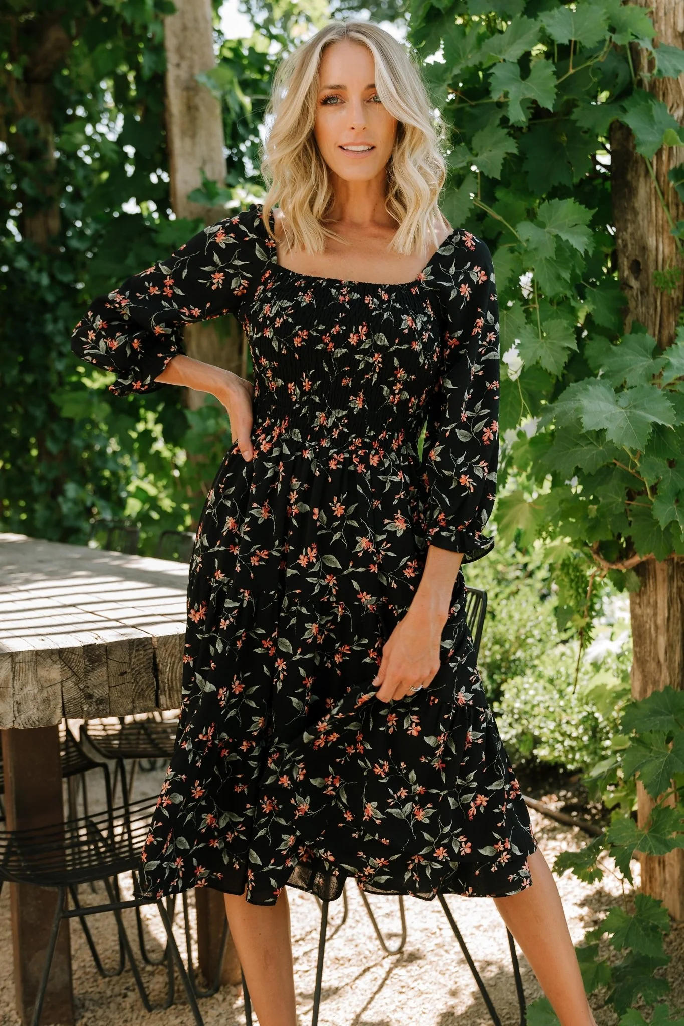 Marta Smocked Midi Dress | Black Floral