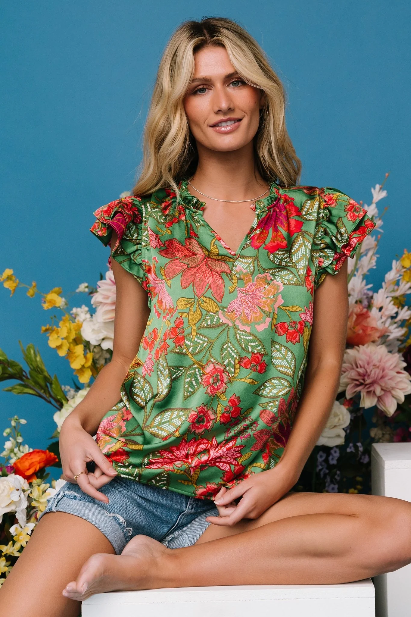 Skyler Ruffle Top | Green Multi