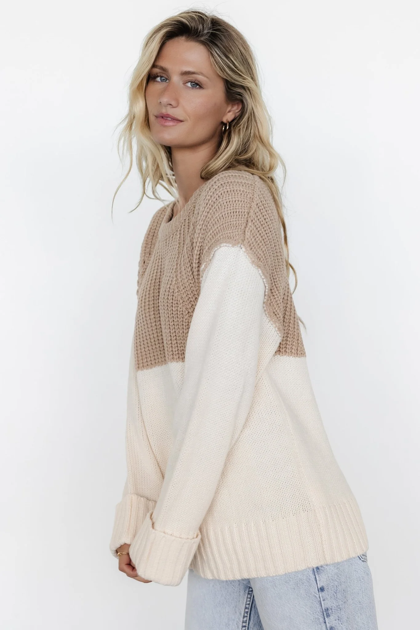 Mabel Cuffed Sweater | Cream + Taupe