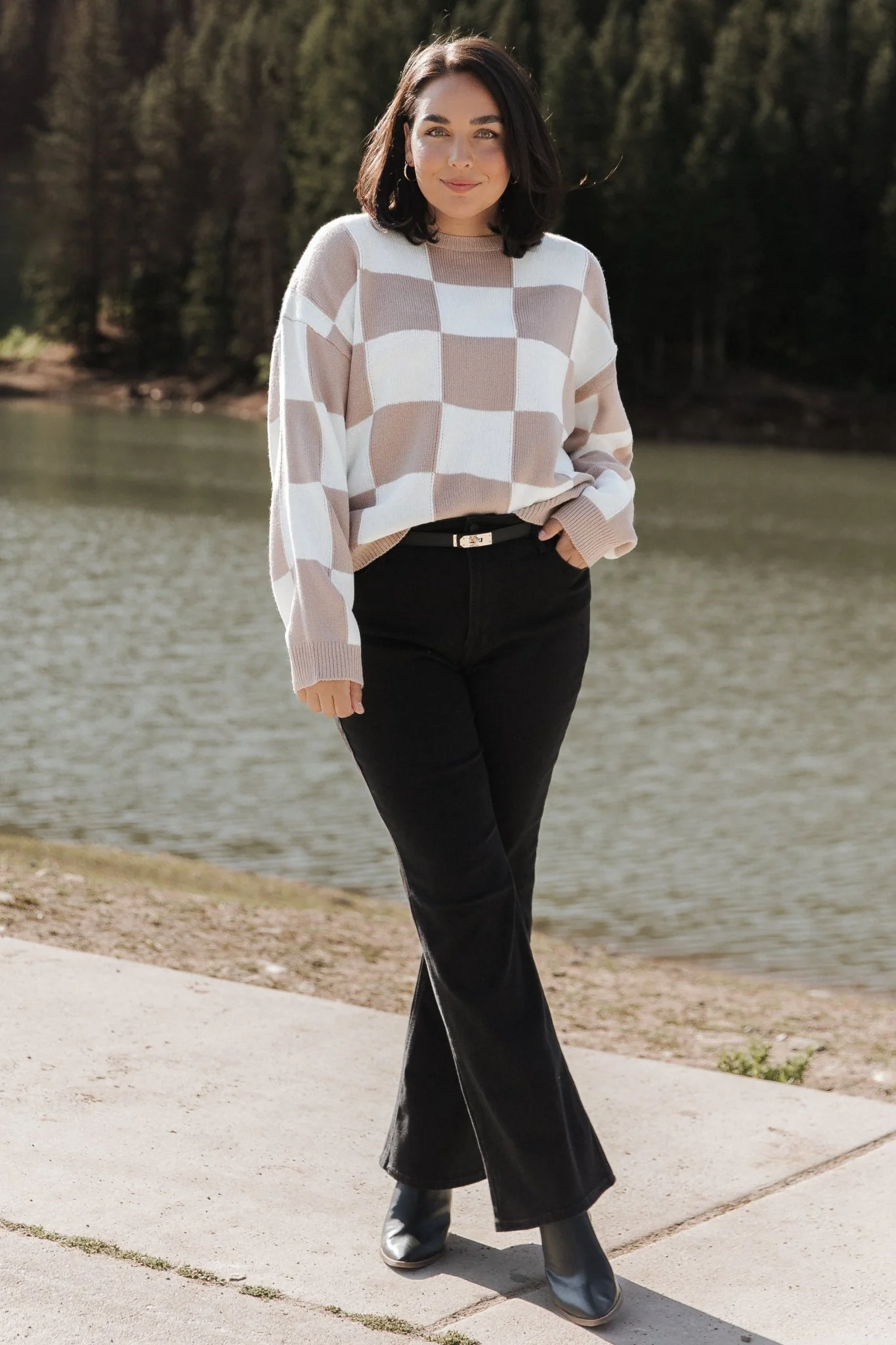 Bella Checkered Sweater | Taupe