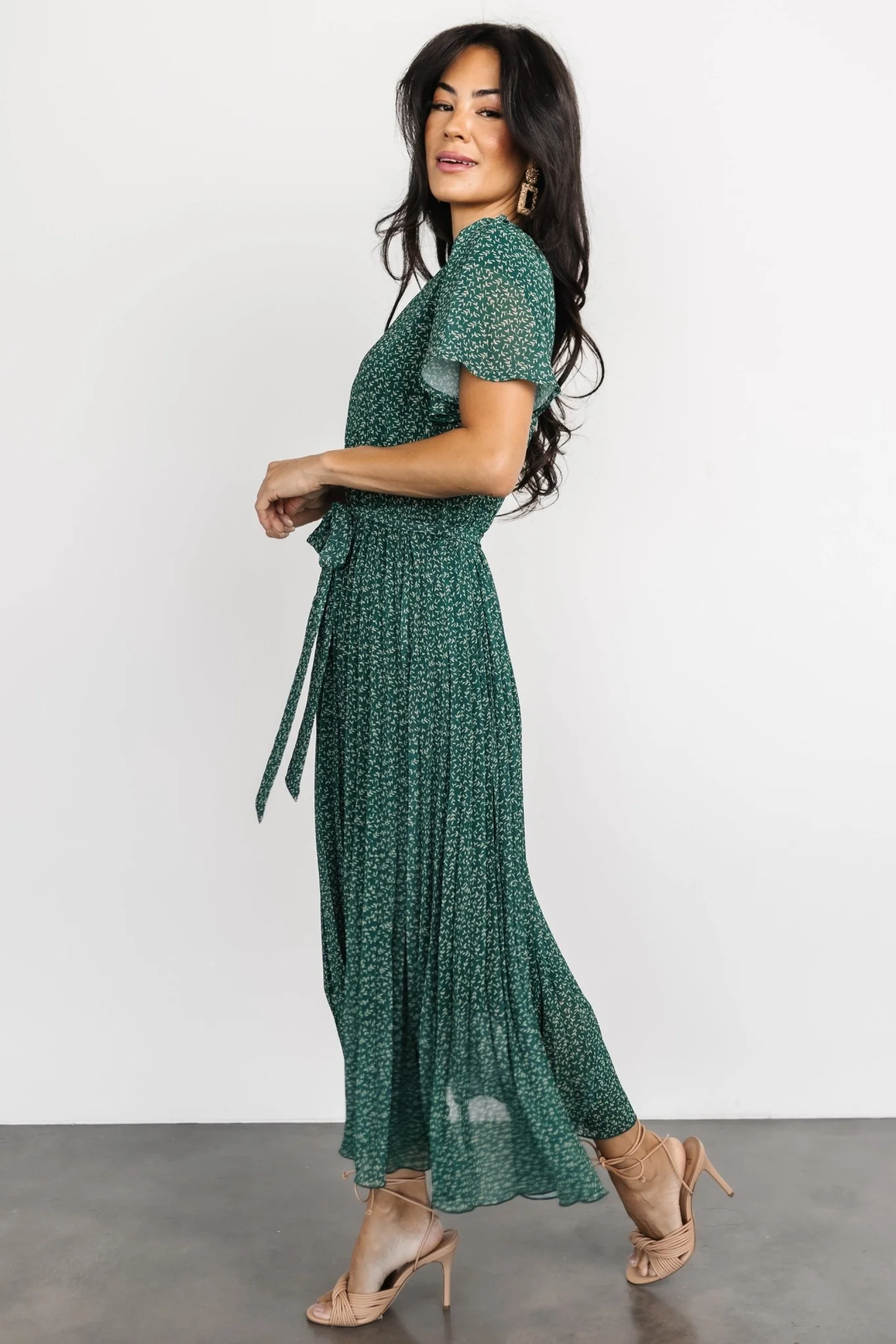 Prim Pleated Dress | Green Print