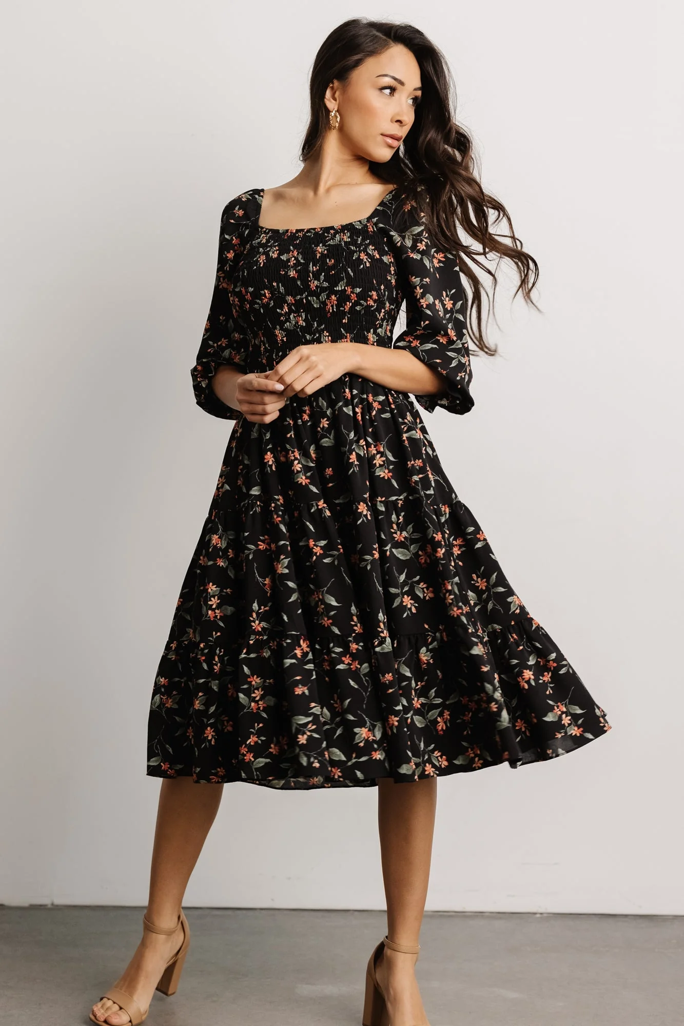 Marta Smocked Midi Dress | Black Floral