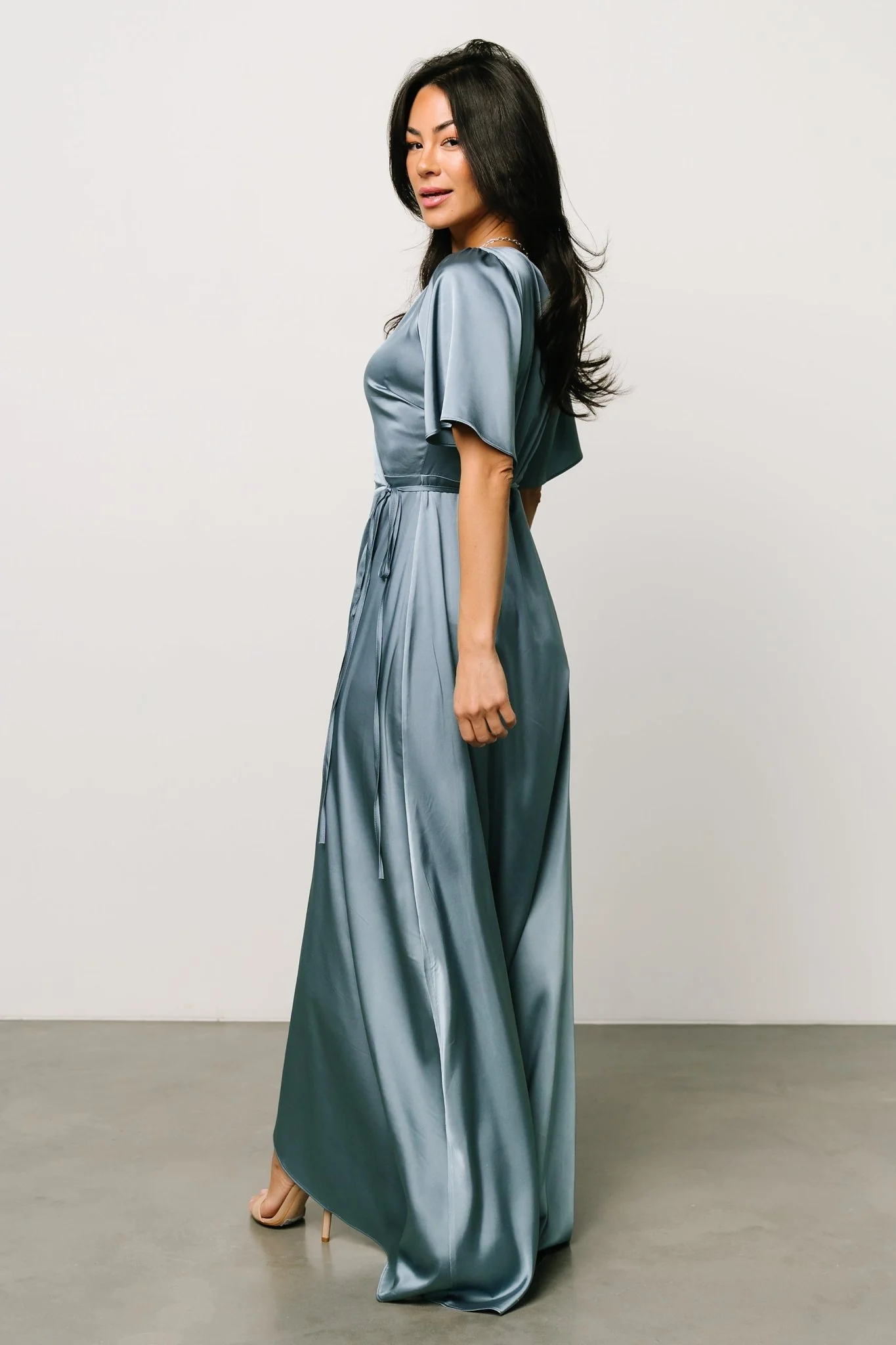 Vara Satin Maxi Wrap Dress | Dusty Blue