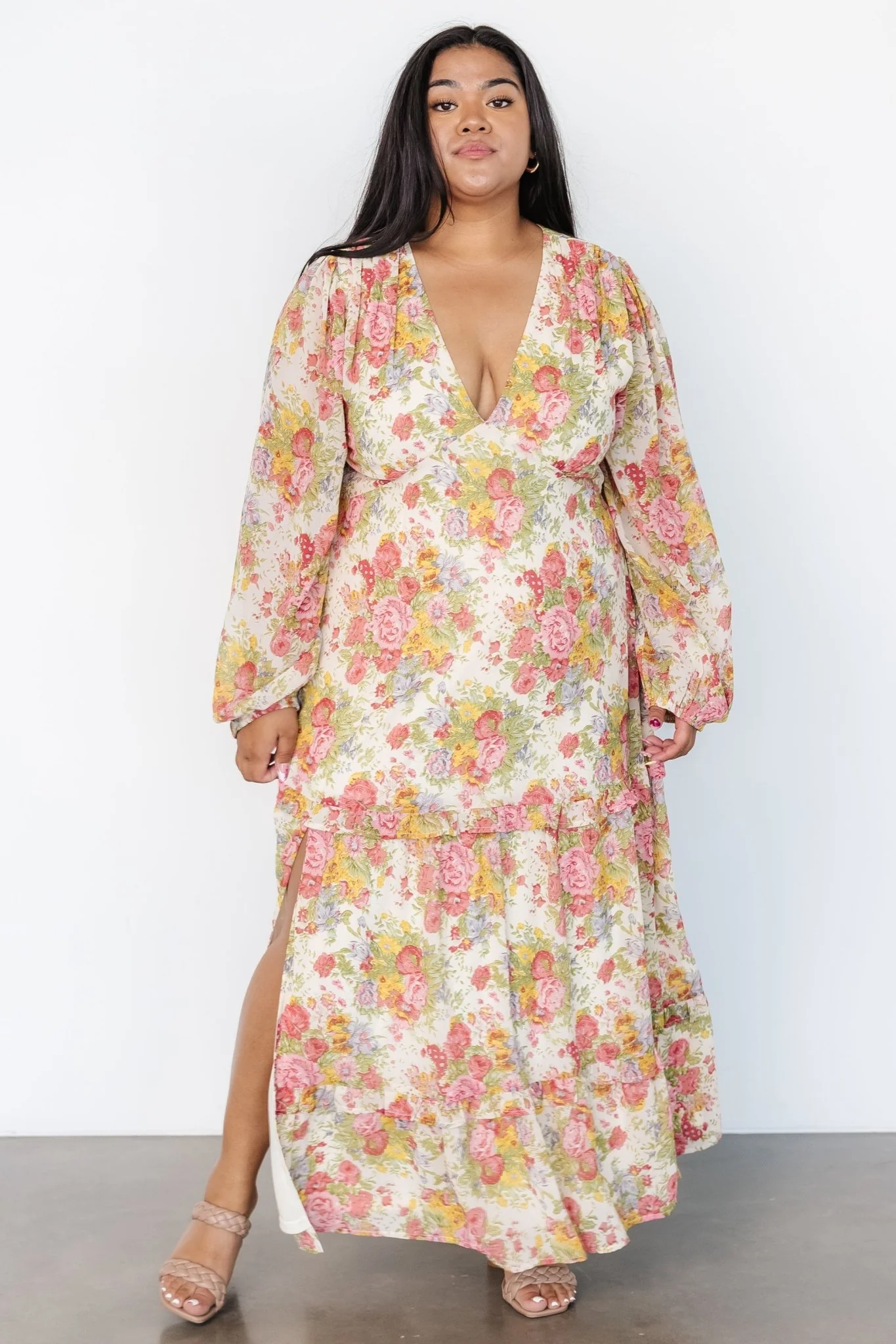 Bowman Deep V Maxi Dress | Cream Multi Floral