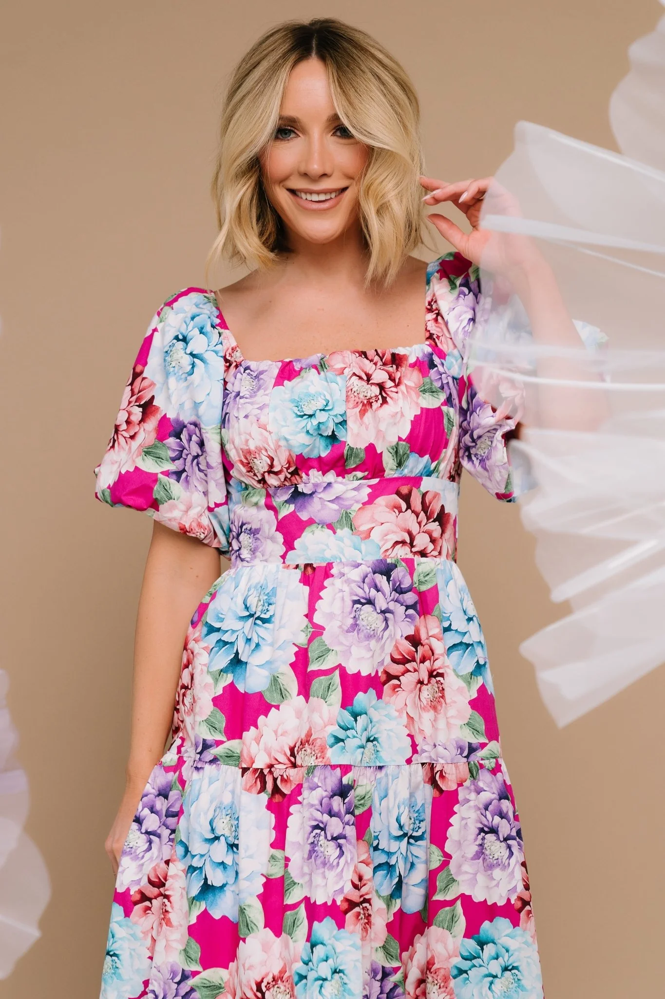 Iva Puff Sleeve Midi Dress | Fuchsia Multi Floral