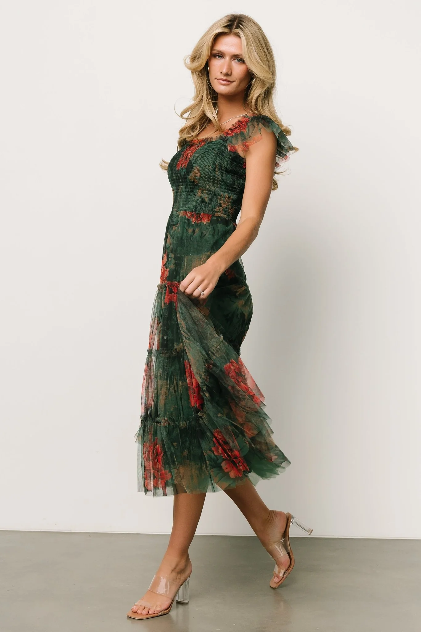 Clementine Tulle Midi Dress | Dark Green Floral