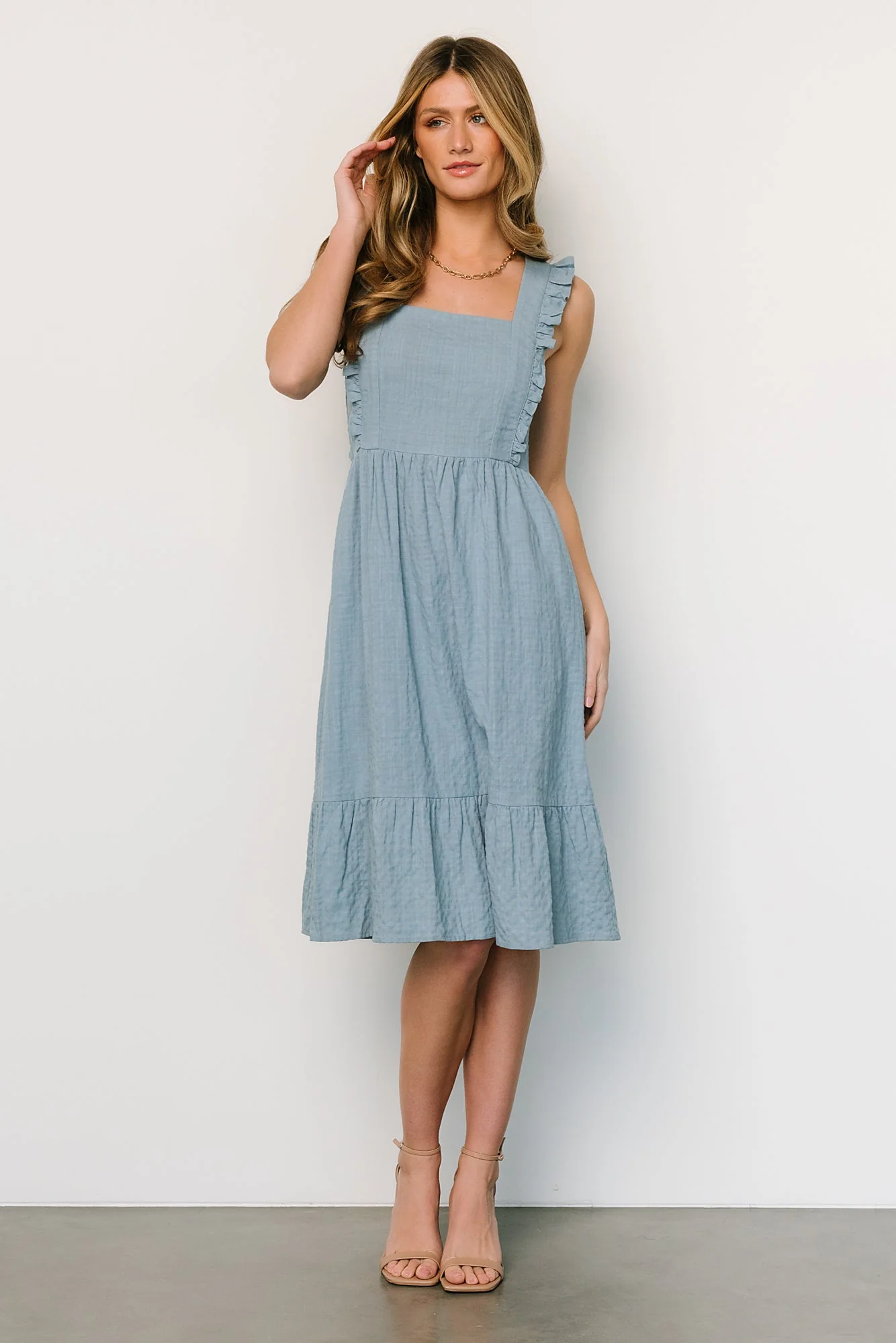 Gretta Ruffle Tie Back Midi Dress | Dusty Blue
