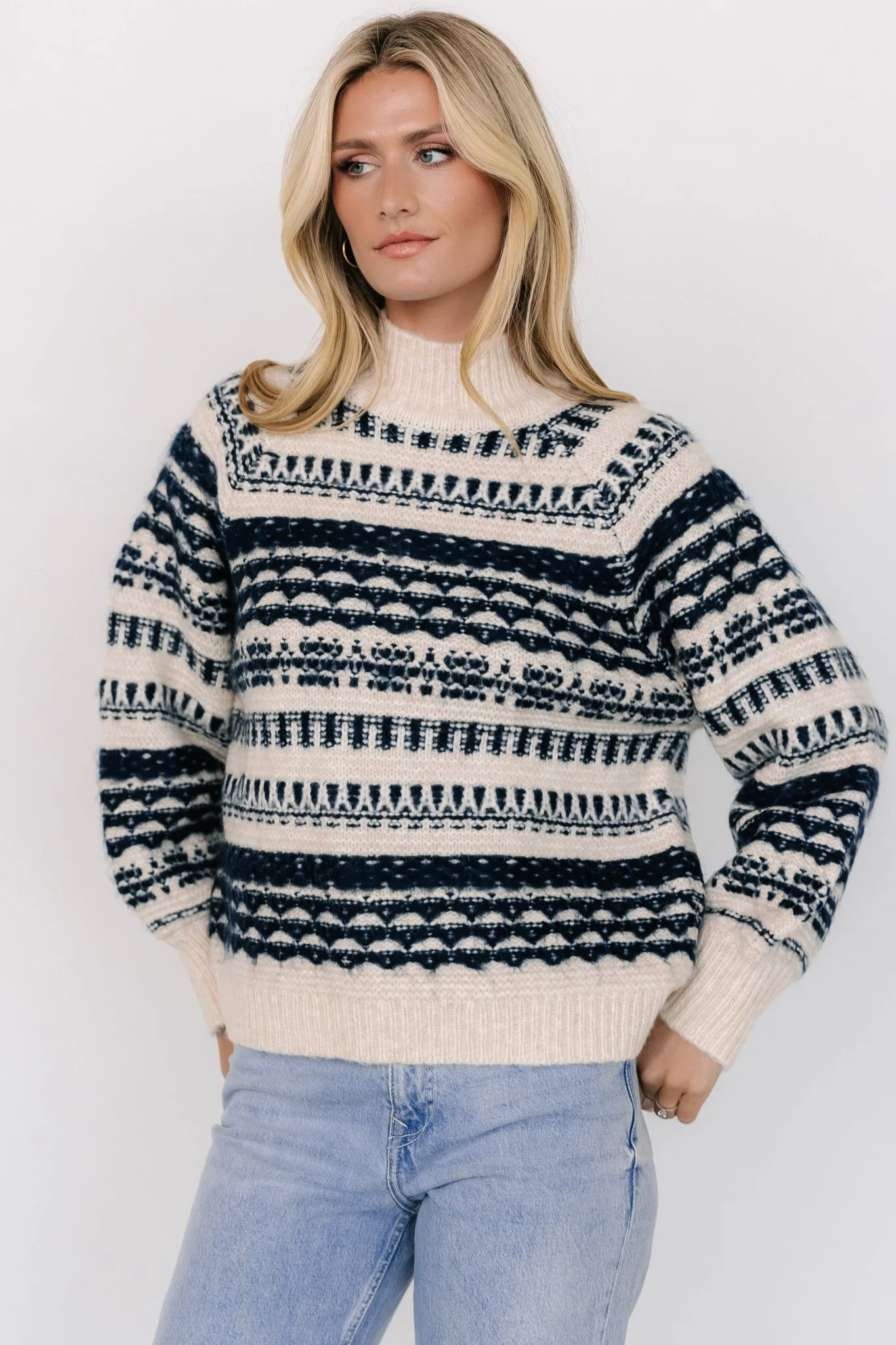 Guadalupe Mock Neck Sweater | Ivory + Navy