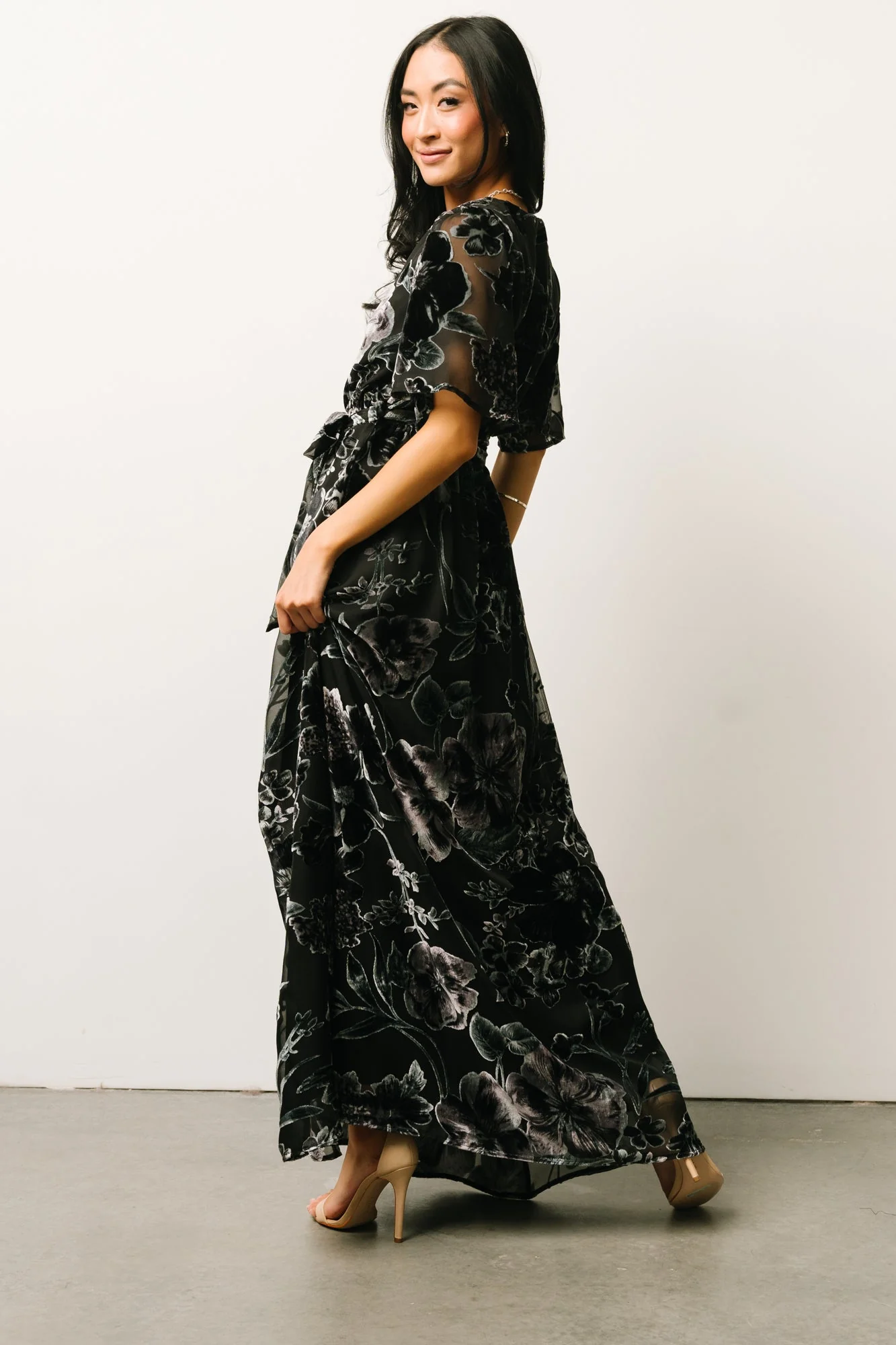 Uma Velvet Maxi Dress | Black + Silver Floral