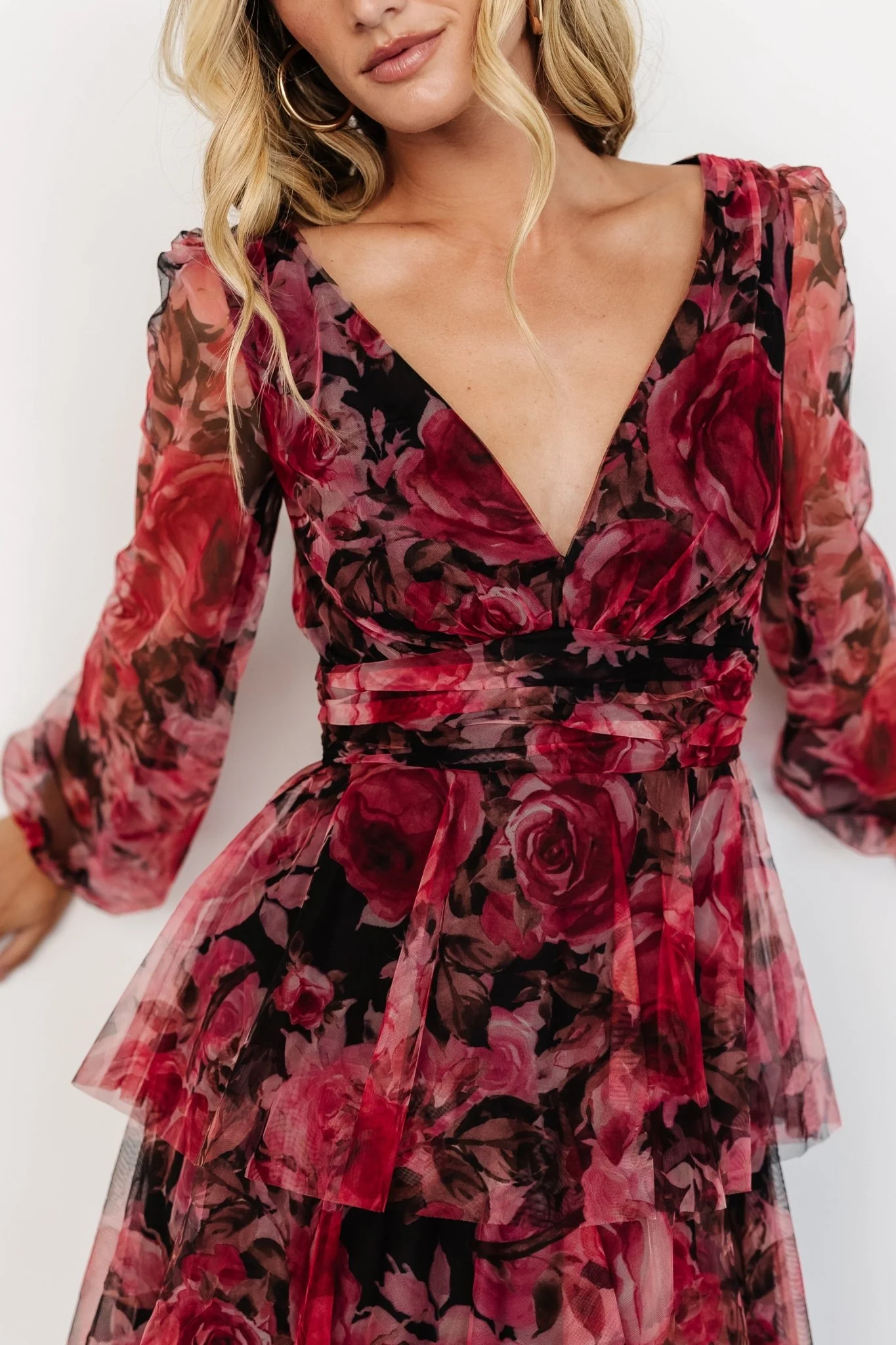 Carolina Tulle Tiered Maxi Dress | Red + Black Floral