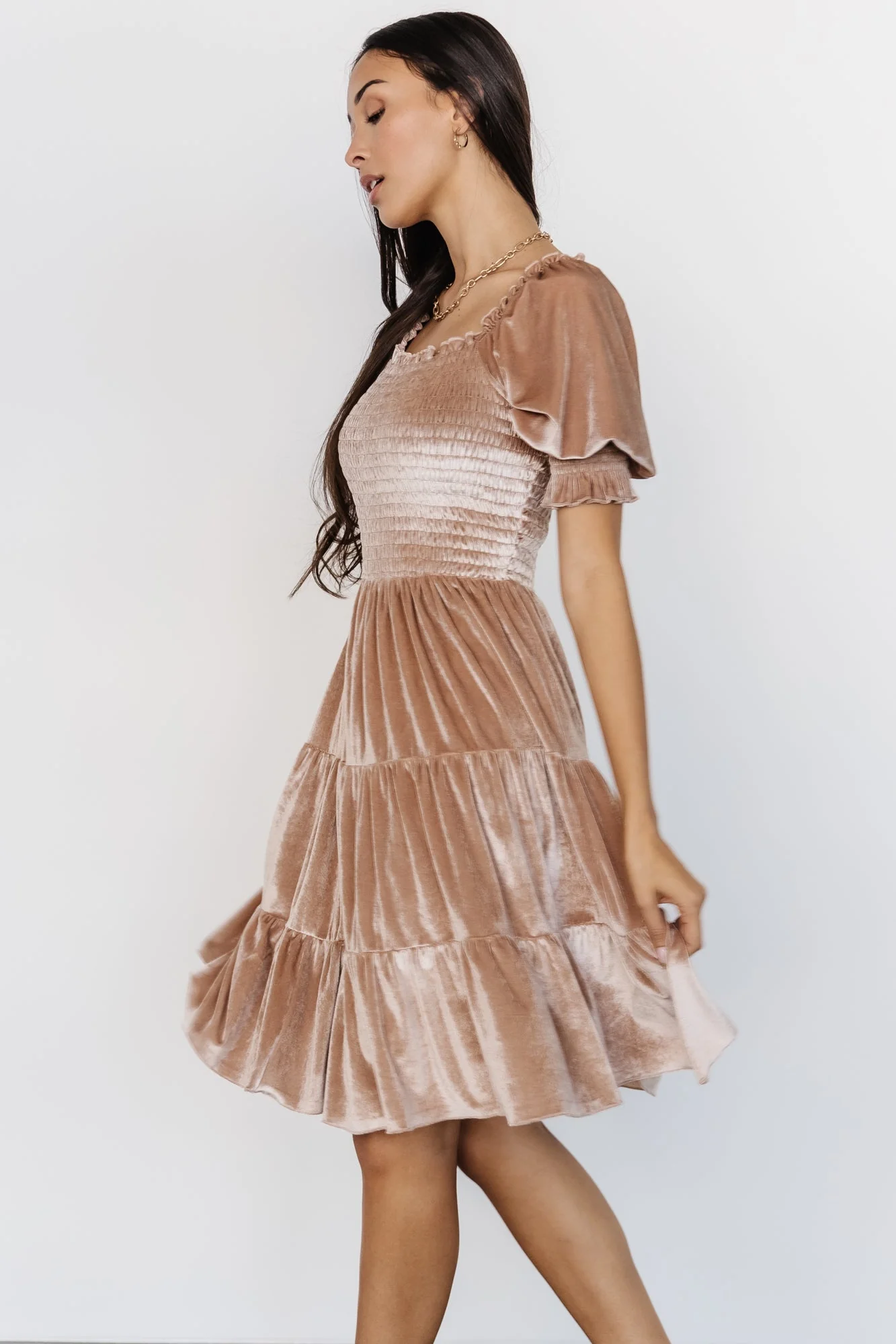 Bliss Smocked Velvet Short Dress | Natural