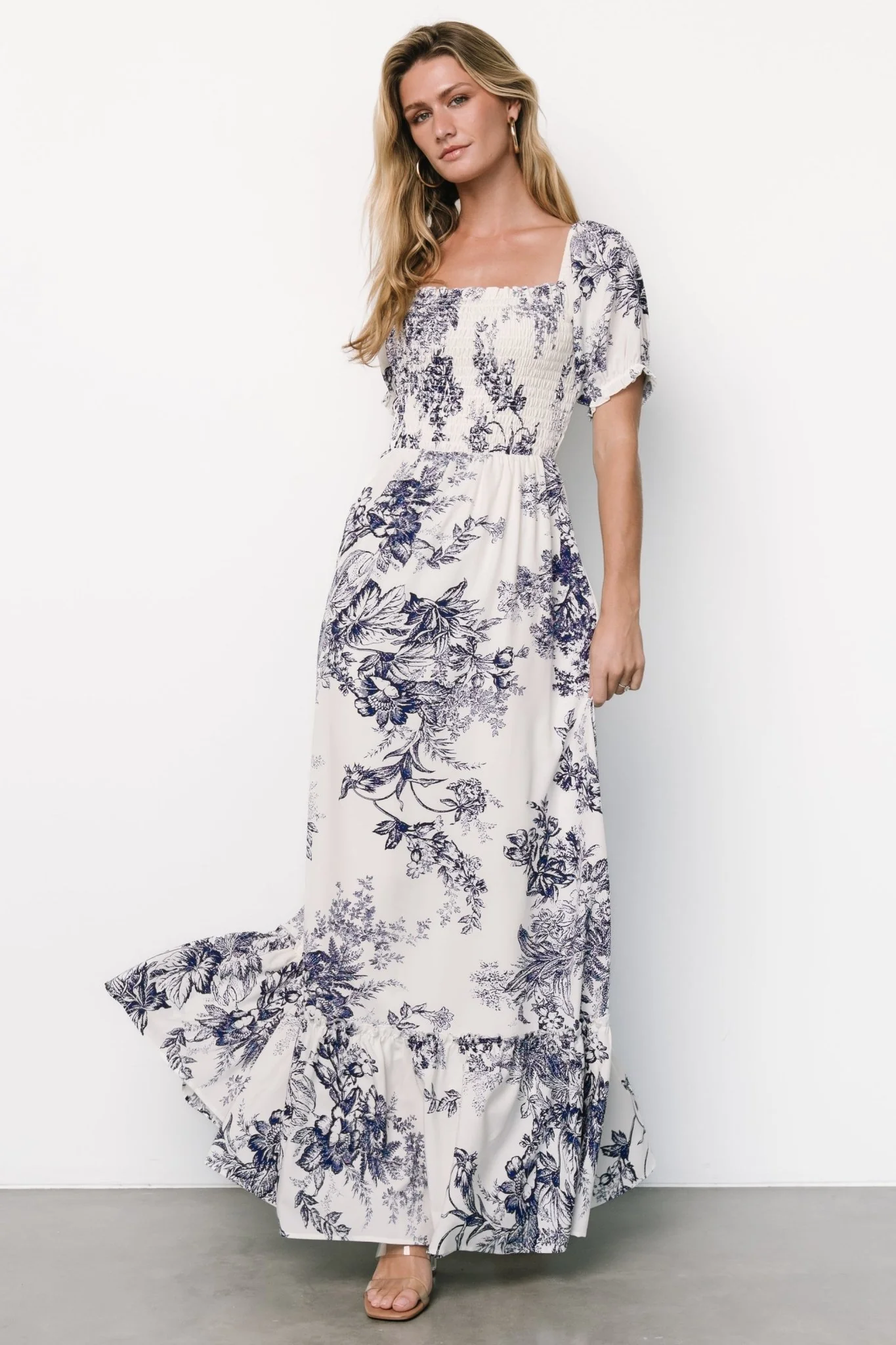 Capri Smocked Maxi Dress | Ivory + Blue Floral