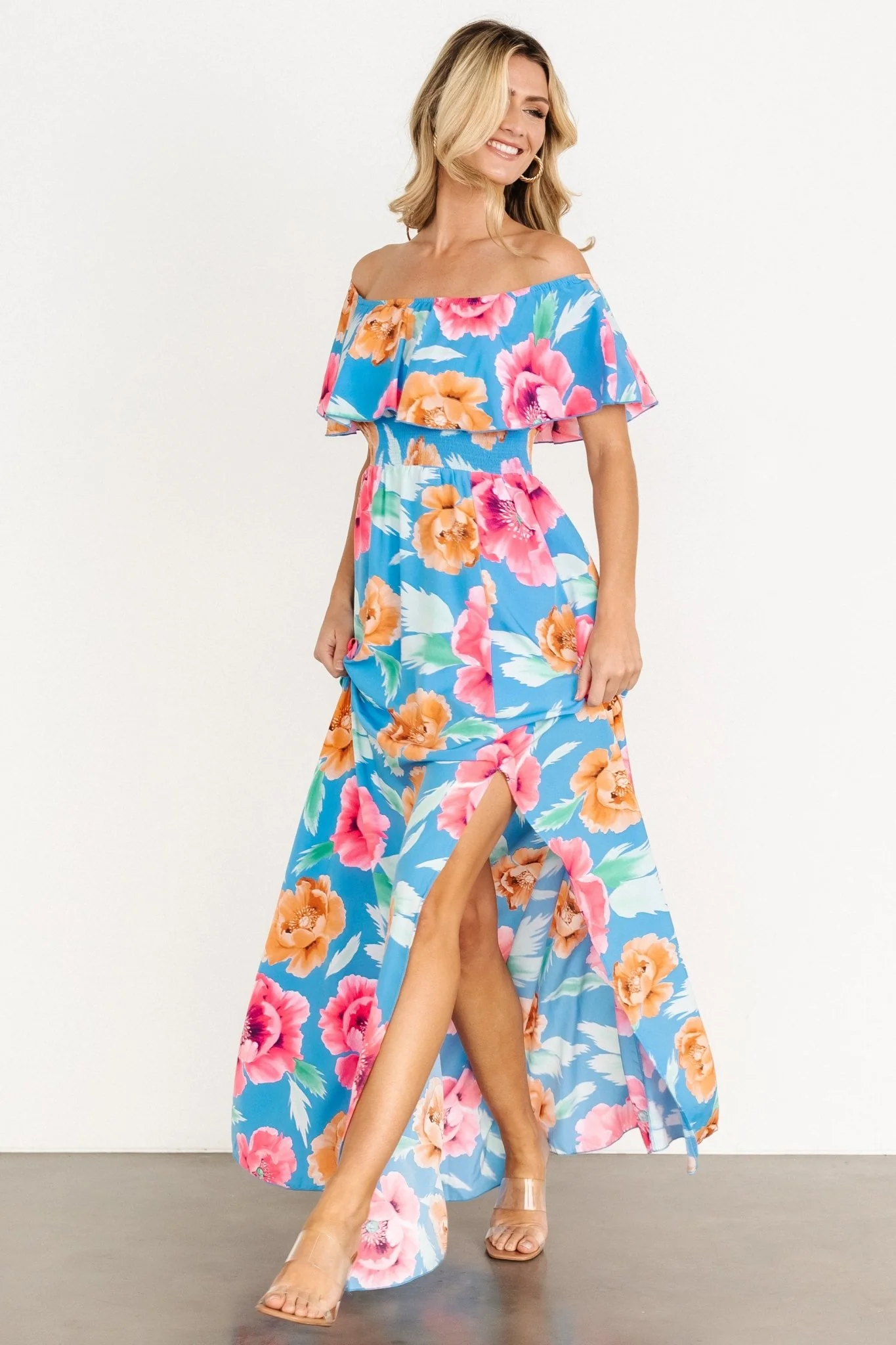 Talia Off Shoulder Maxi Dress | Sea Blue Floral
